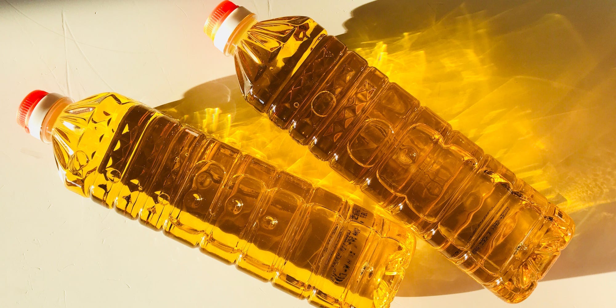 Overhead shot of two oil bottles