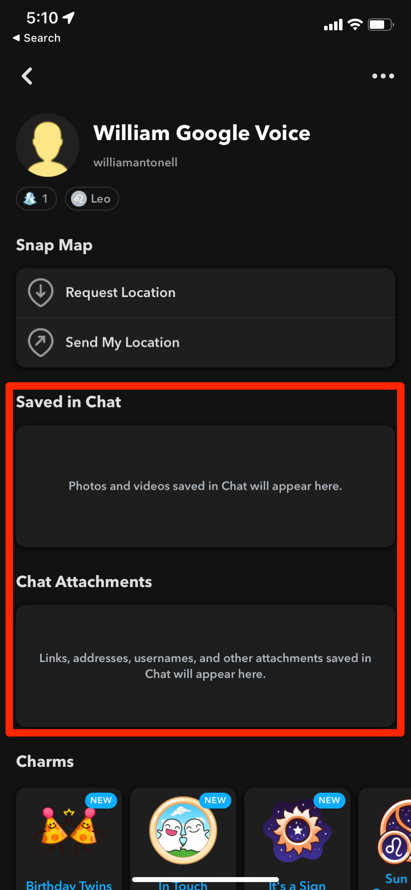 A Snapchat profile page. The "Saved in Chat" and "Chat Attachments" menus are highlighted.