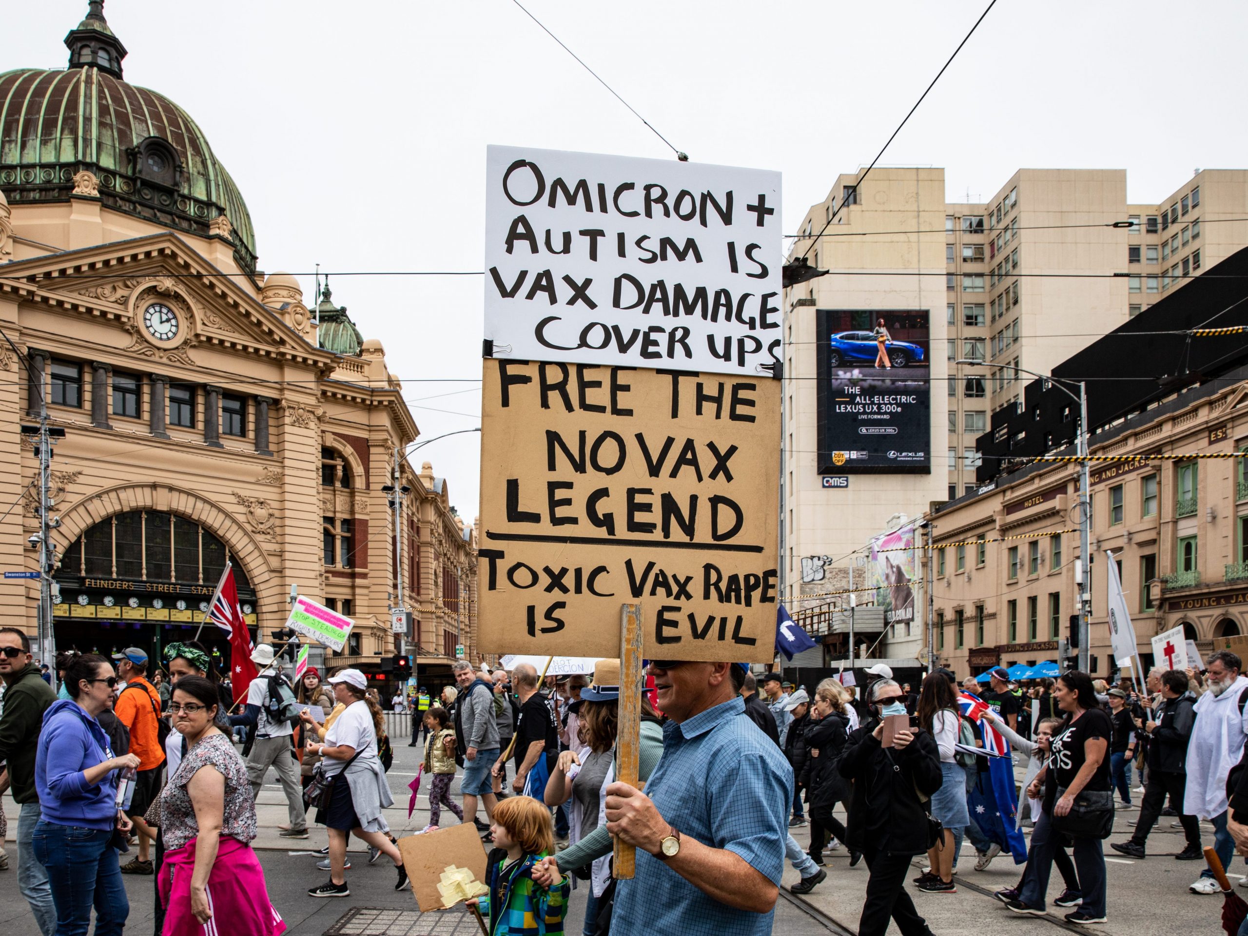 Anti-vaccine protesters rally on January 08, 2022 in Melbourne, Australia.