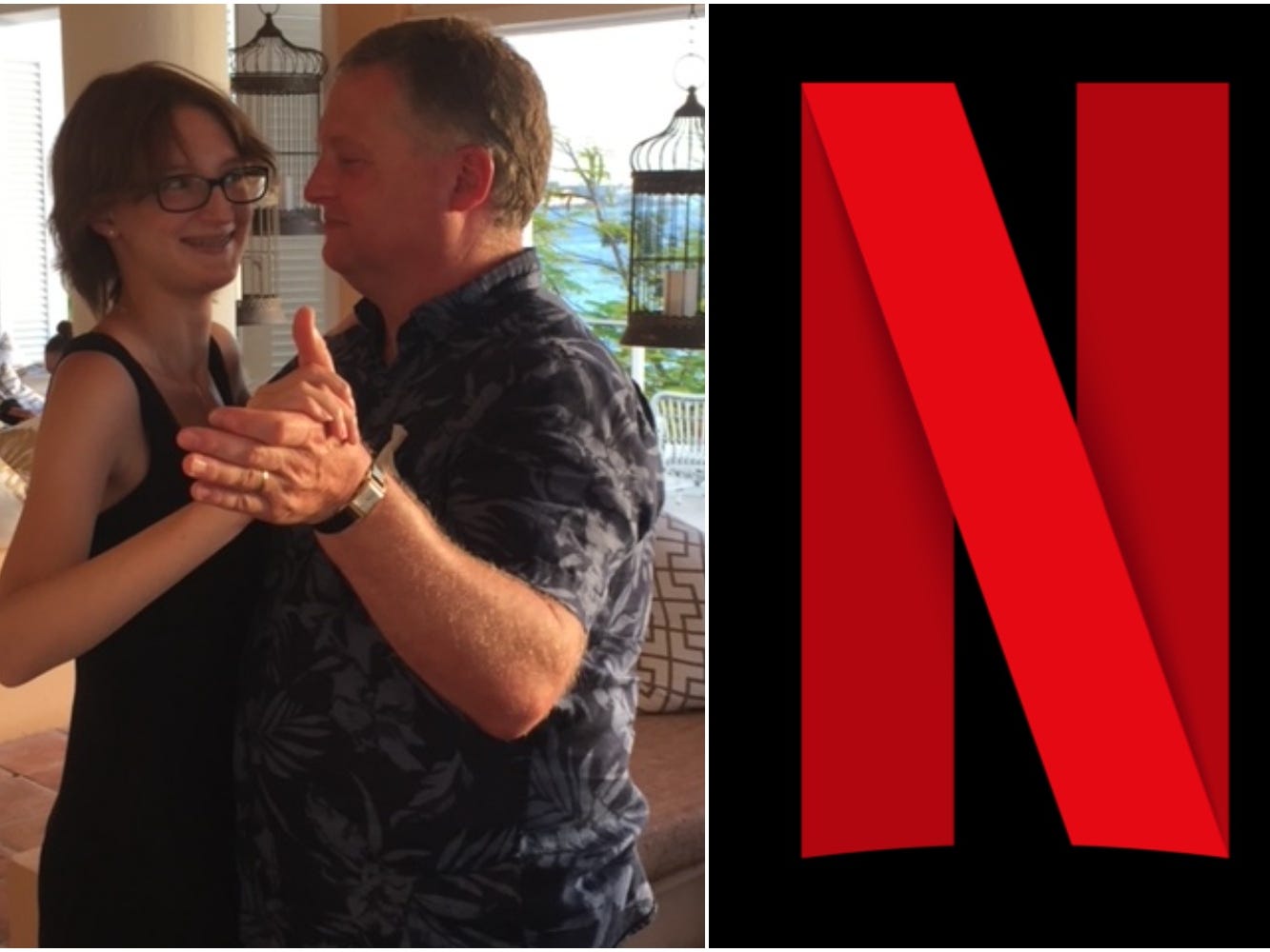 John, Bella Herndon dancing - left. Netflix logo - right.