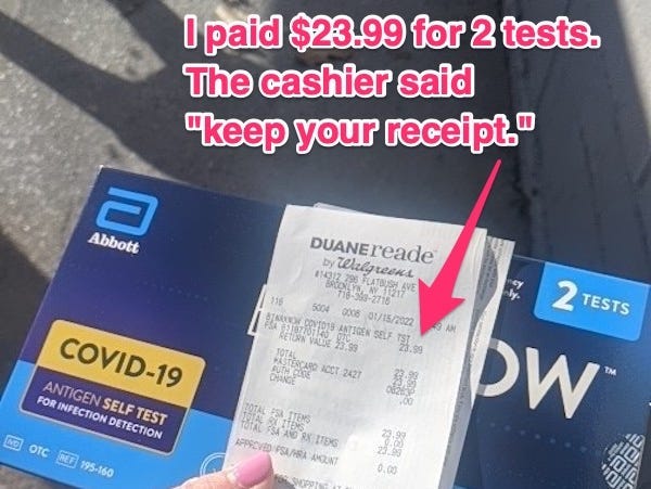 photo of abbot binax now test kit with receipt on top. insurance is supposed to reimburse 8 tests a month, but it appears not to be an on-the-spot system.