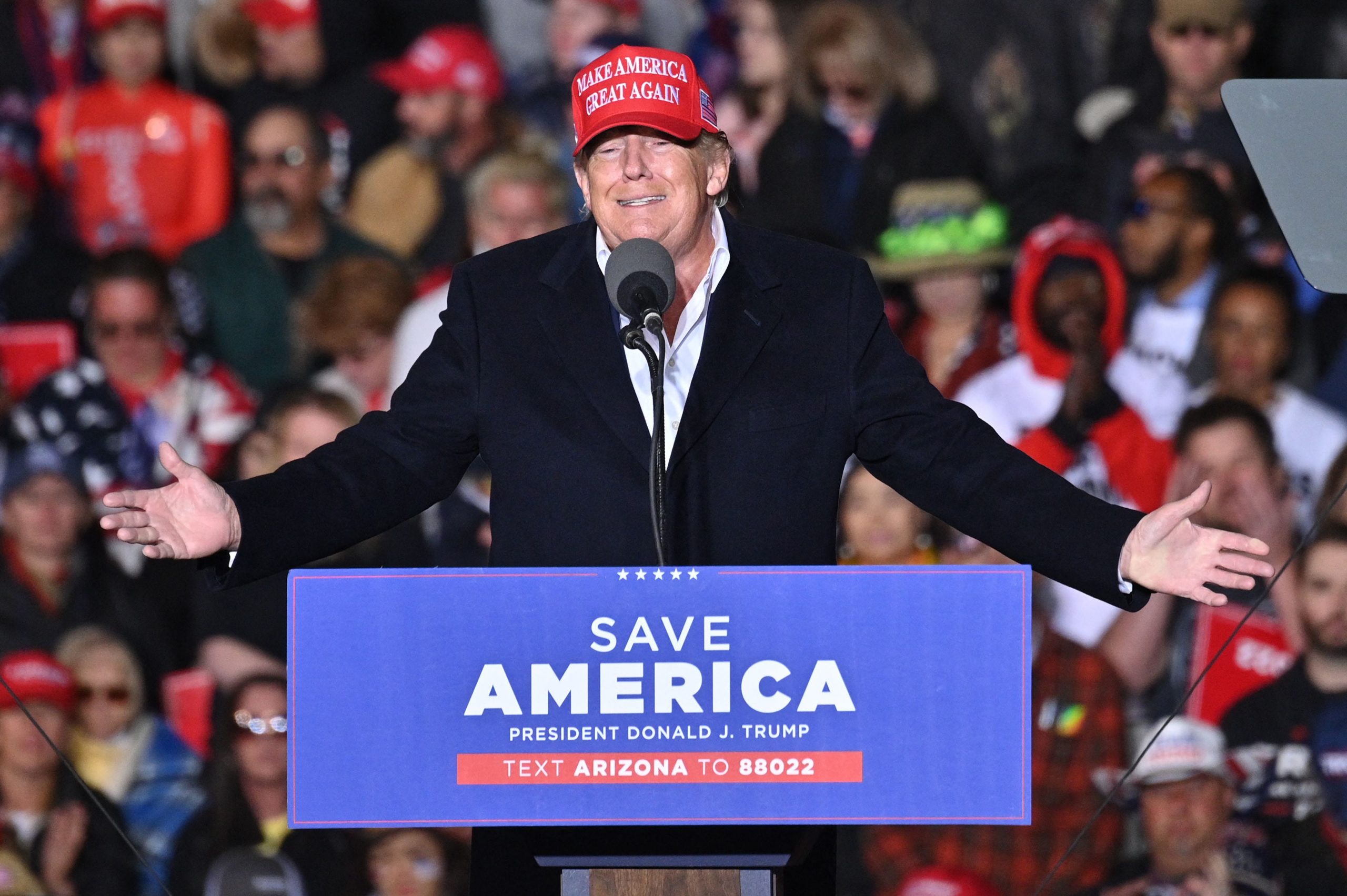 Former President Donald Trump speaks during a rally at the Canyon Moon Ranch festival grounds in Florence, Arizona on January 15, 2022.