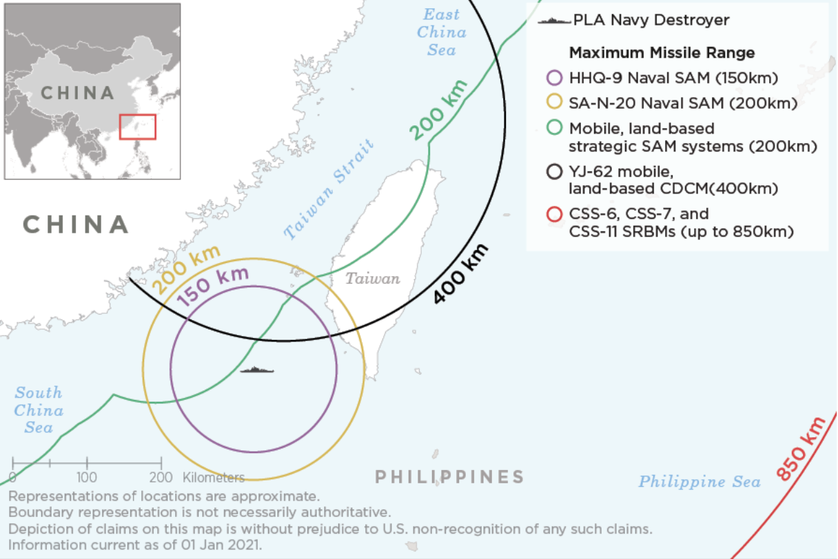 China-Taiwan missile range map