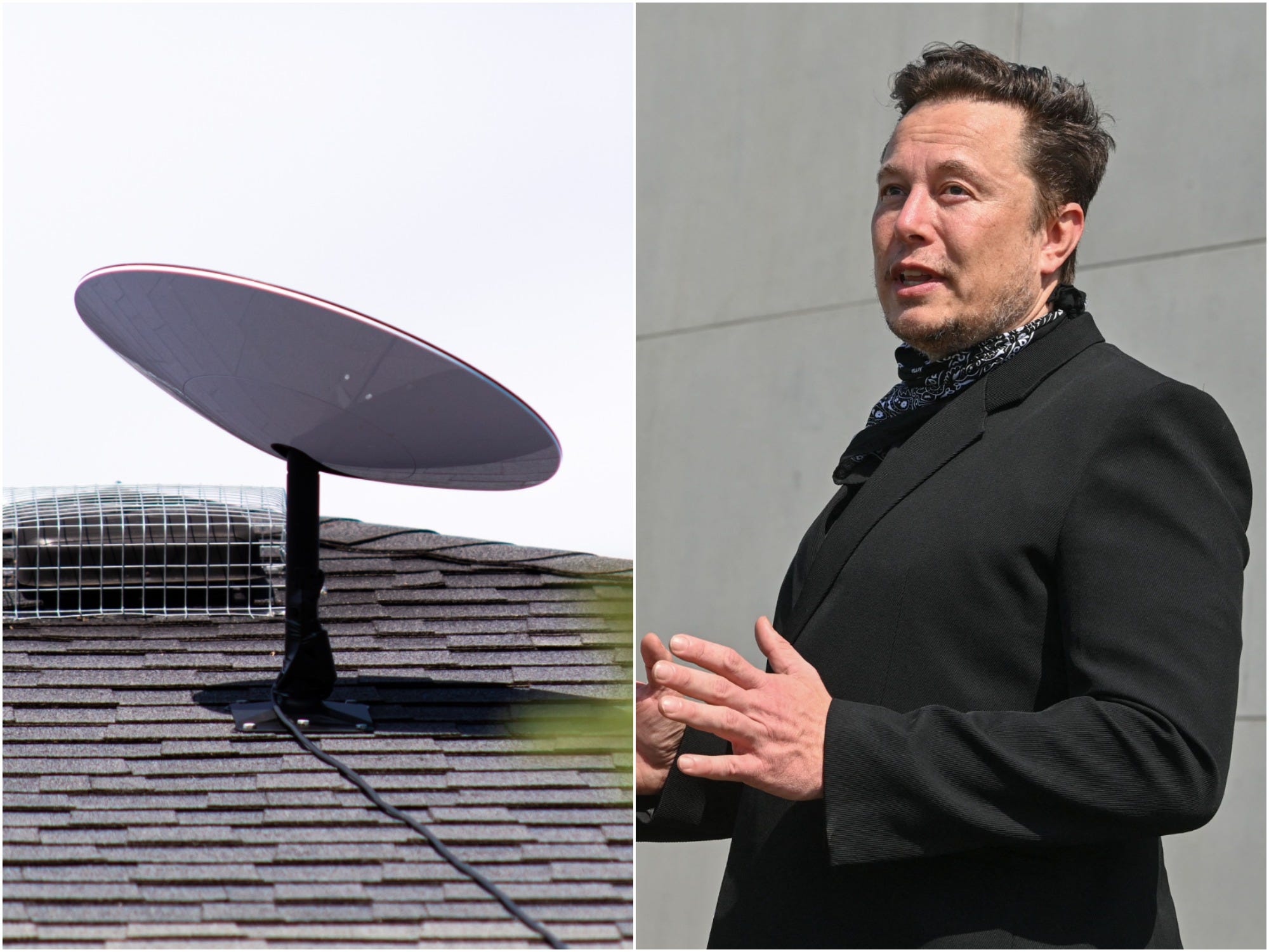 Starlink user terminal on a roof next to a picture of SpaceX CEO Elon Musk