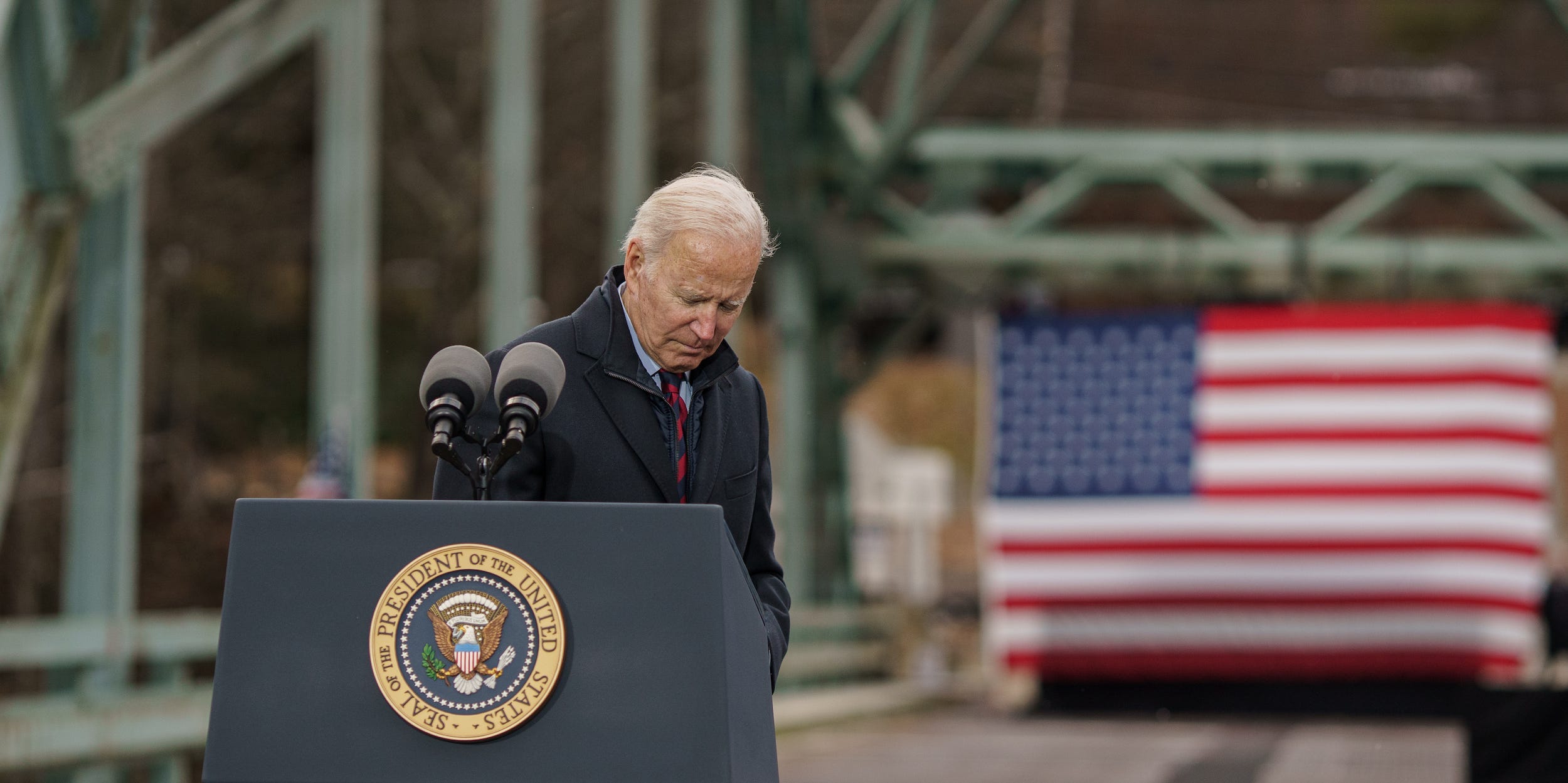 President Joe Biden delivers a speech on infrastructure while visiting the NH 175 bridge spanning the Pemigewasset River on November 16, 2021 in Woodstock, New Hampshire