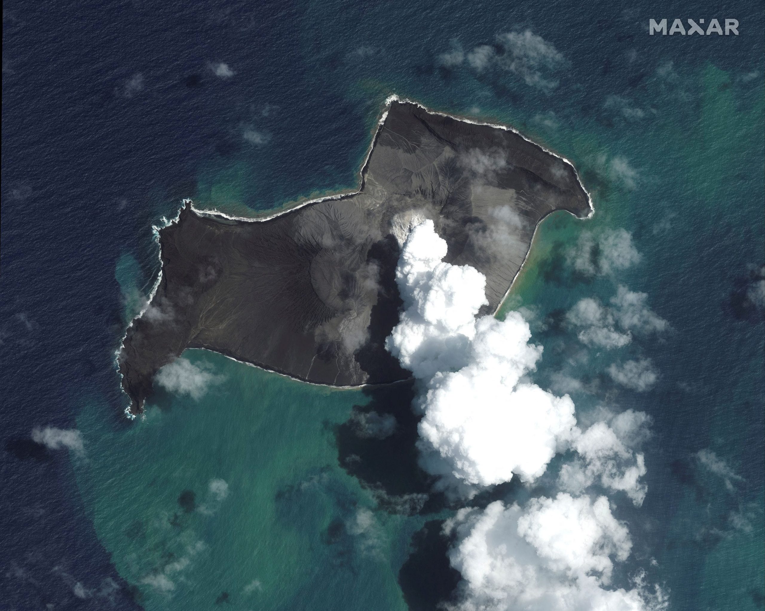 A satellite image shows the Hunga Tonga-Hunga Ha'apai volcano before its main eruption