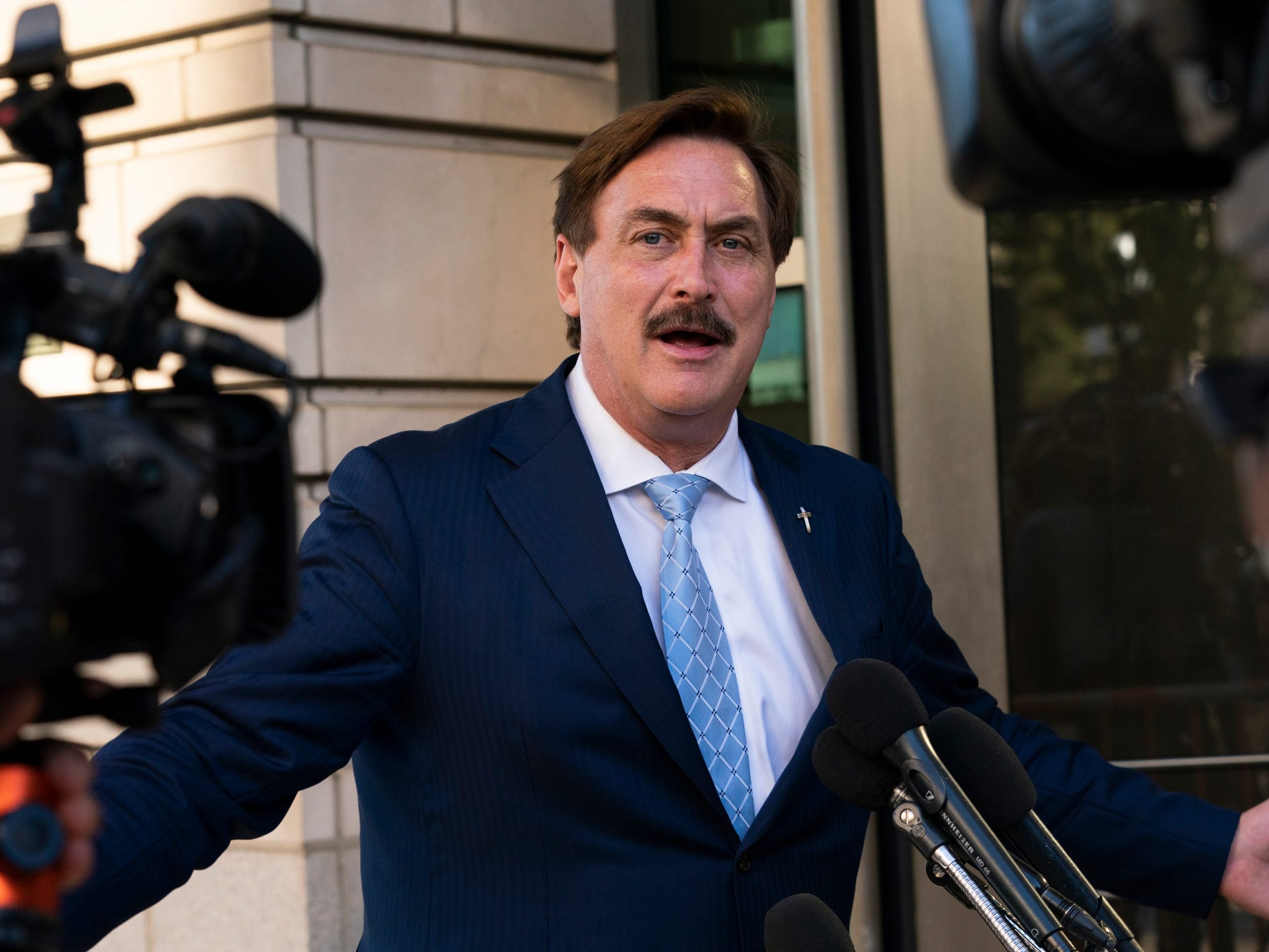 MyPillow chief executive Mike Lindell, speaks to reporters outside federal court in Washington, Thursday, June 24, 2021.