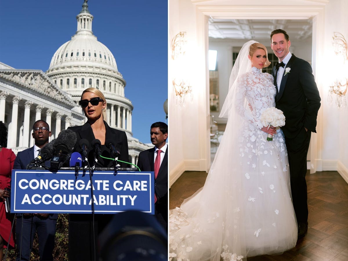 A side-by-side of Paris Hilton on Capitol Hill and at her wedding with Carter Reum.