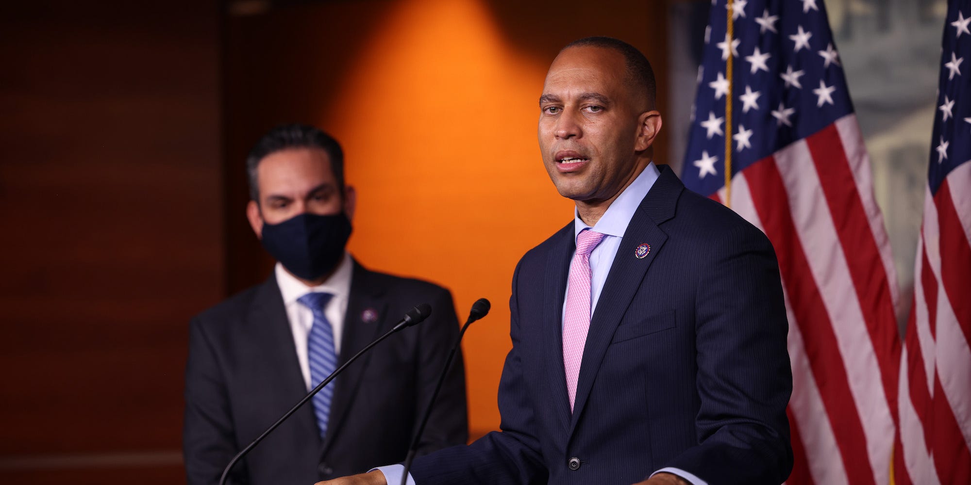 Democratic Caucus Chairman Rep. Hakeem Jeffries of New York and Vice Chairman Rep. Pete Aguilar of California hold a news conference at the US Capitol on September 21, 2021.