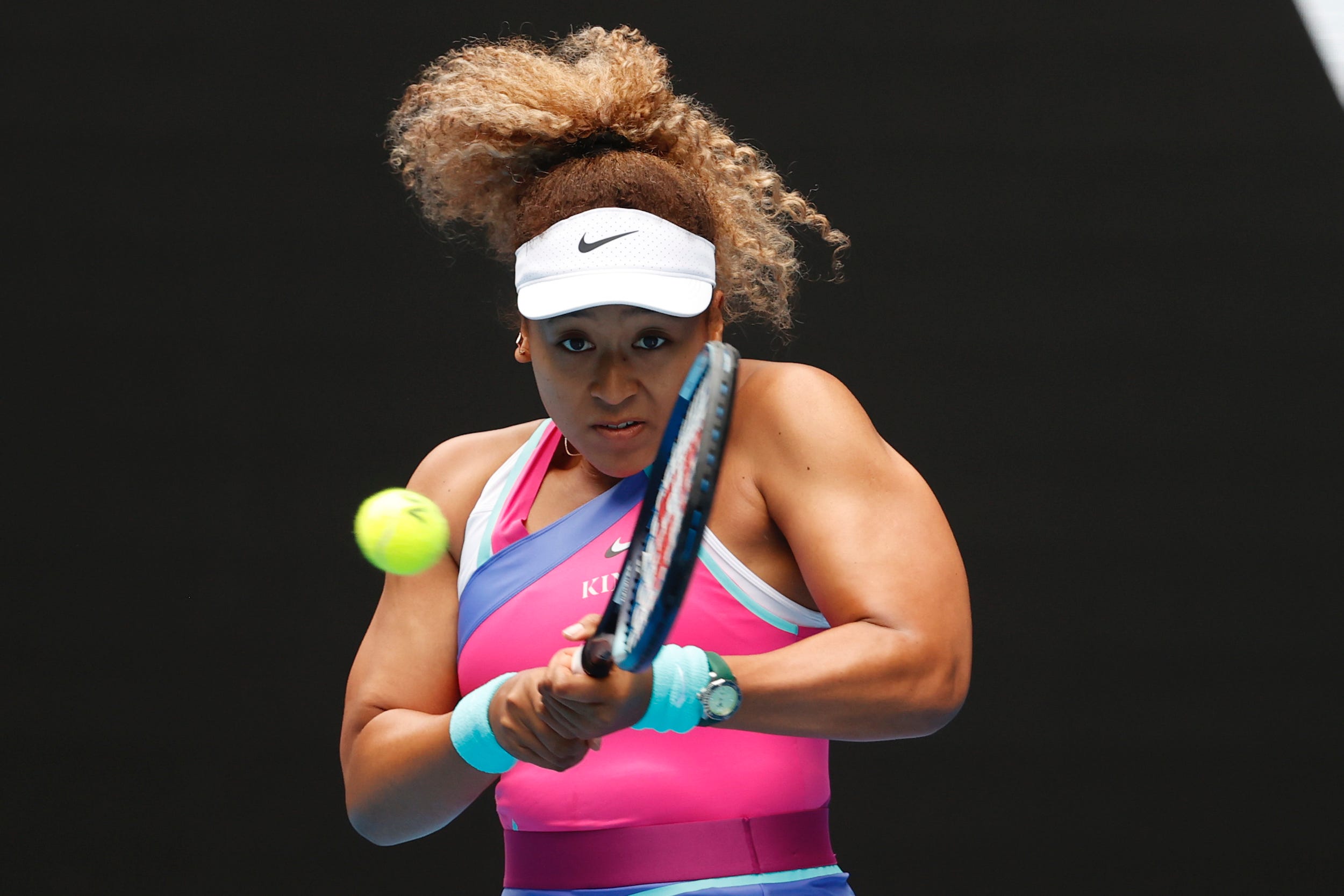 Naomi Osaka hits a backhand at the Australian Open.