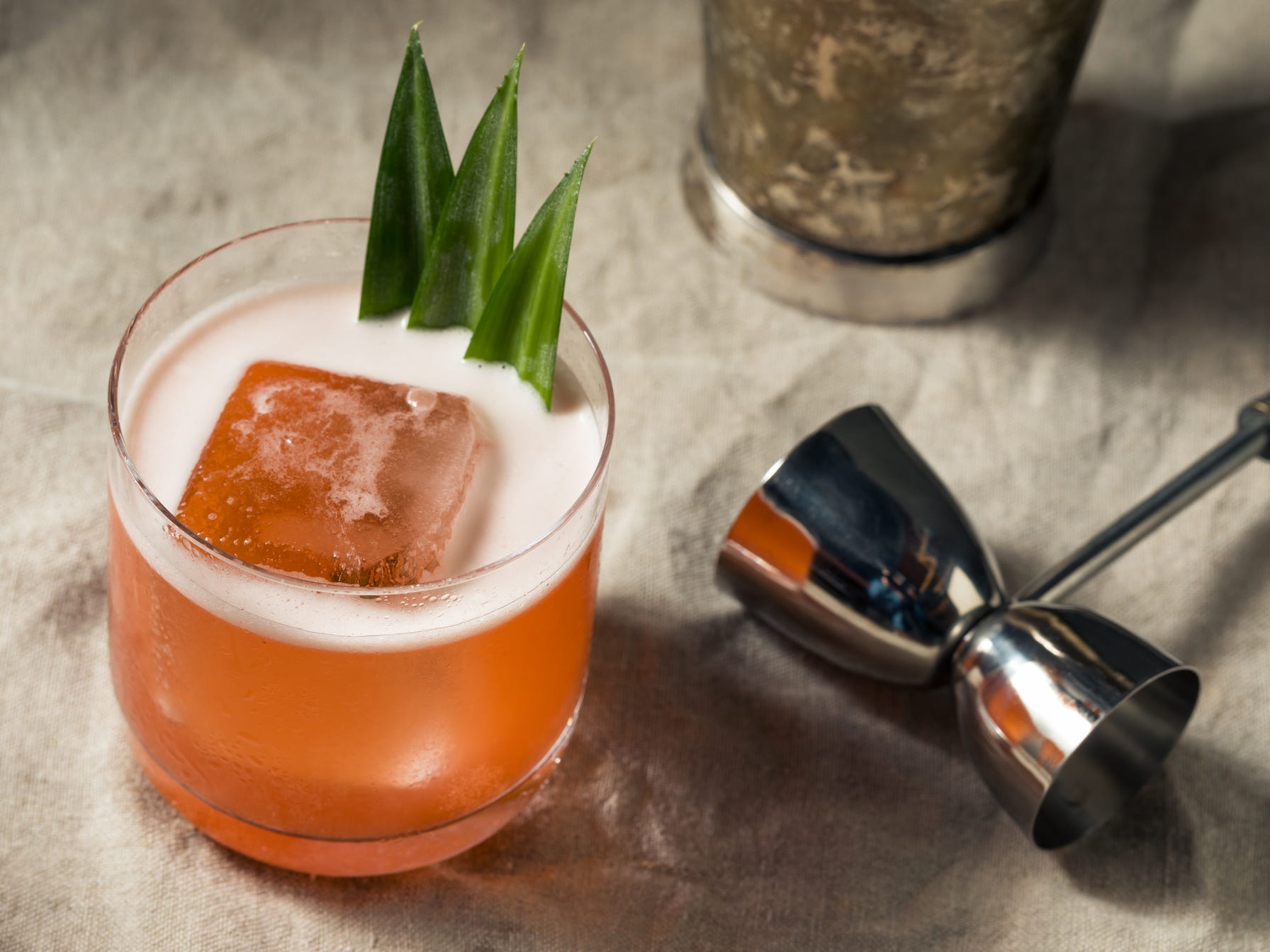 A jungle bird rum cocktail in a rocks glass with one large ice cube garnished with pineapple leaves