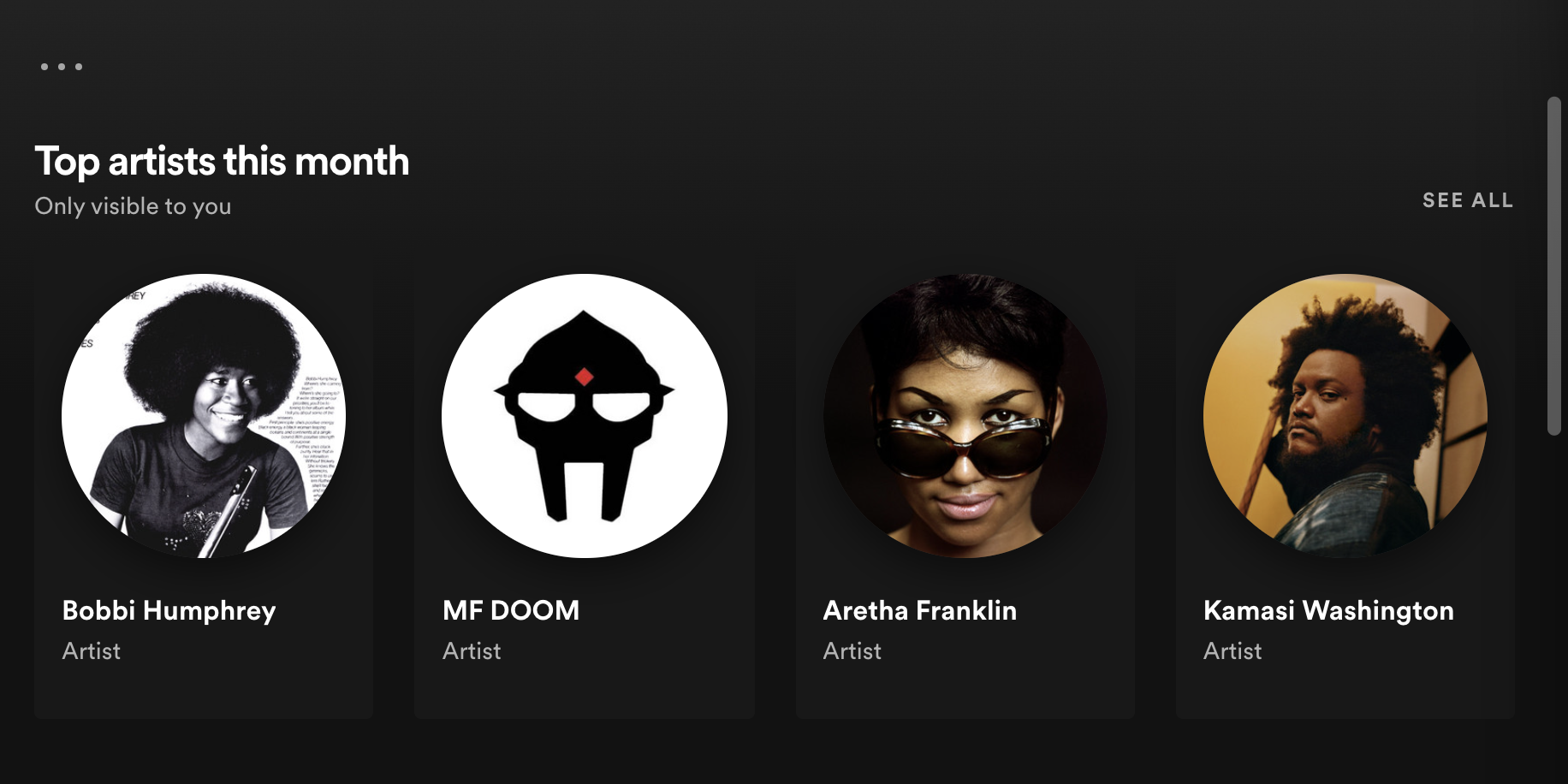 A screenshot of Spotify profile stats showing top artists of the month