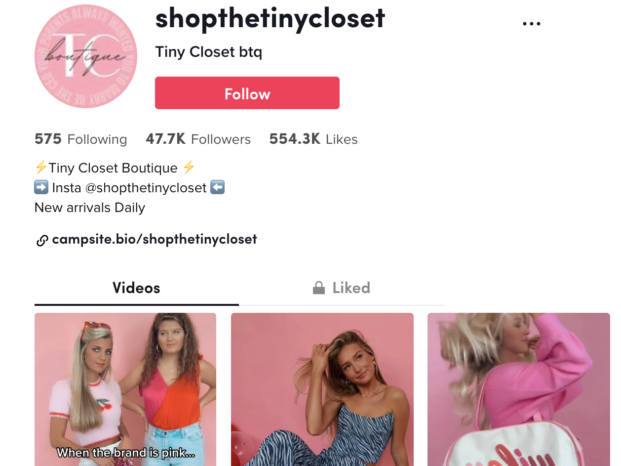 screenshot of tiny closet boutique tiktok account showing three videos