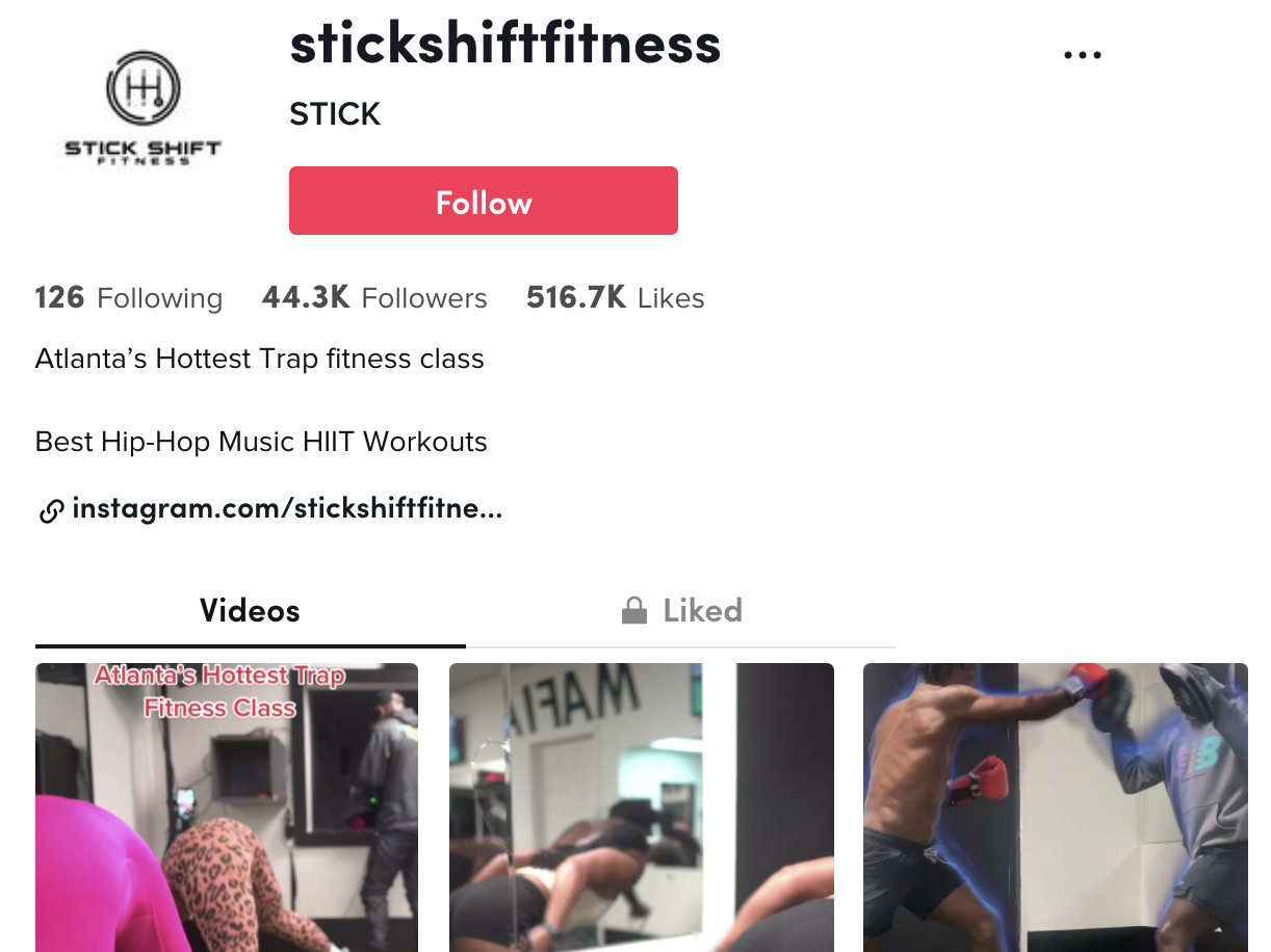 screenshot of Stick Shift Fitness tiktok account showing three videos