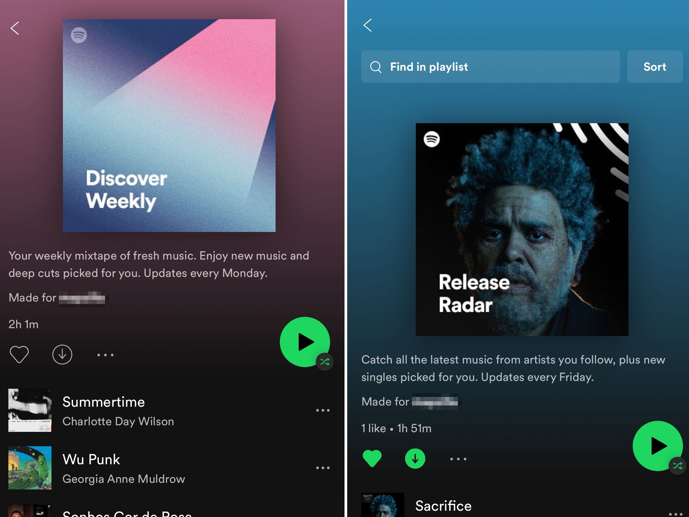 Screenshot of Spotify Discover Weekly and Release Radar playlists