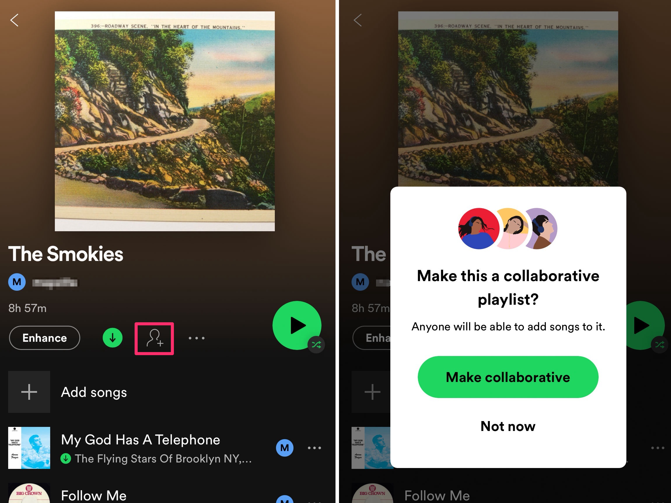 Screenshots showing Spotify's collaborative playlist feature