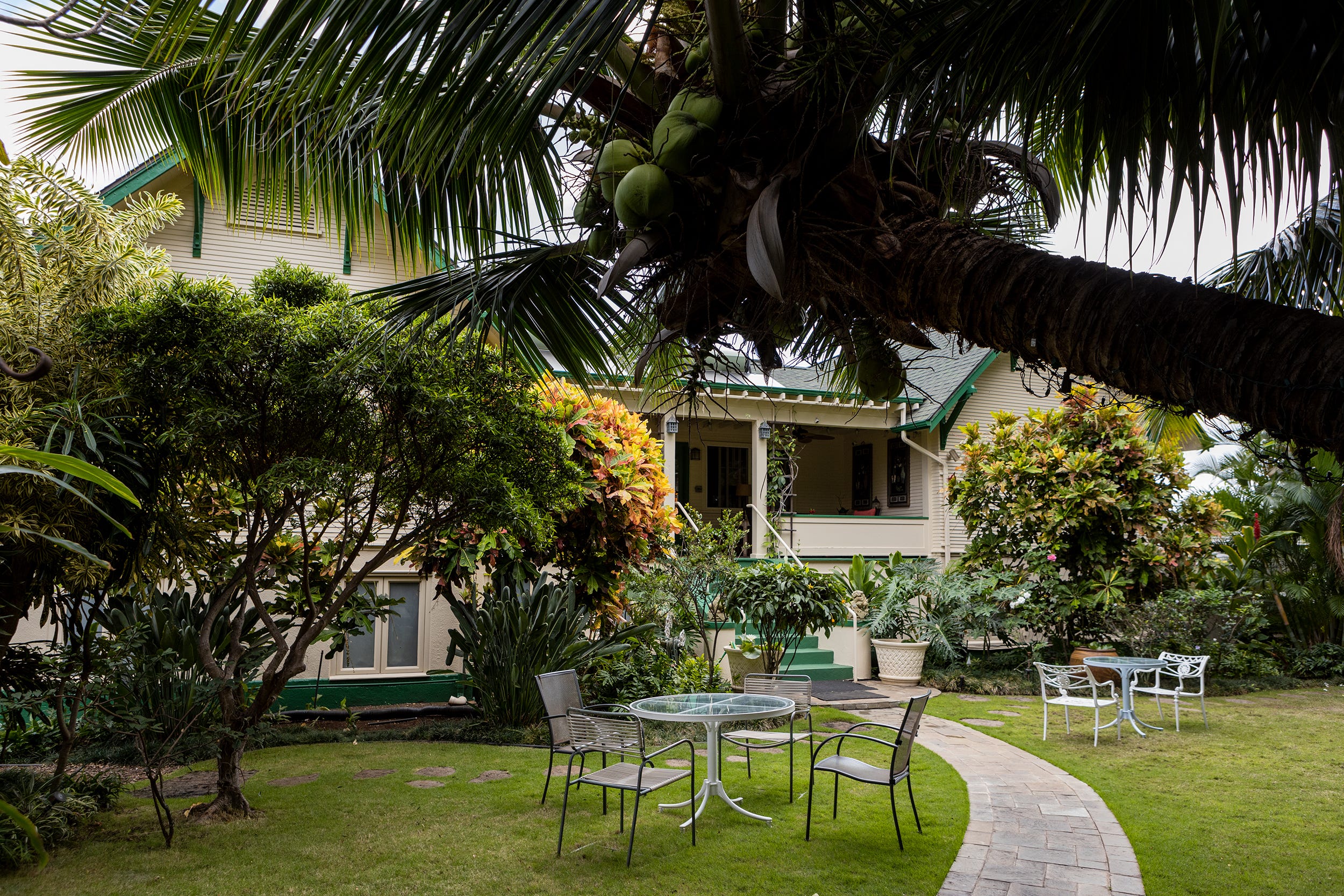 Trees and small tables with chairs outside of a Hawaiian inn.