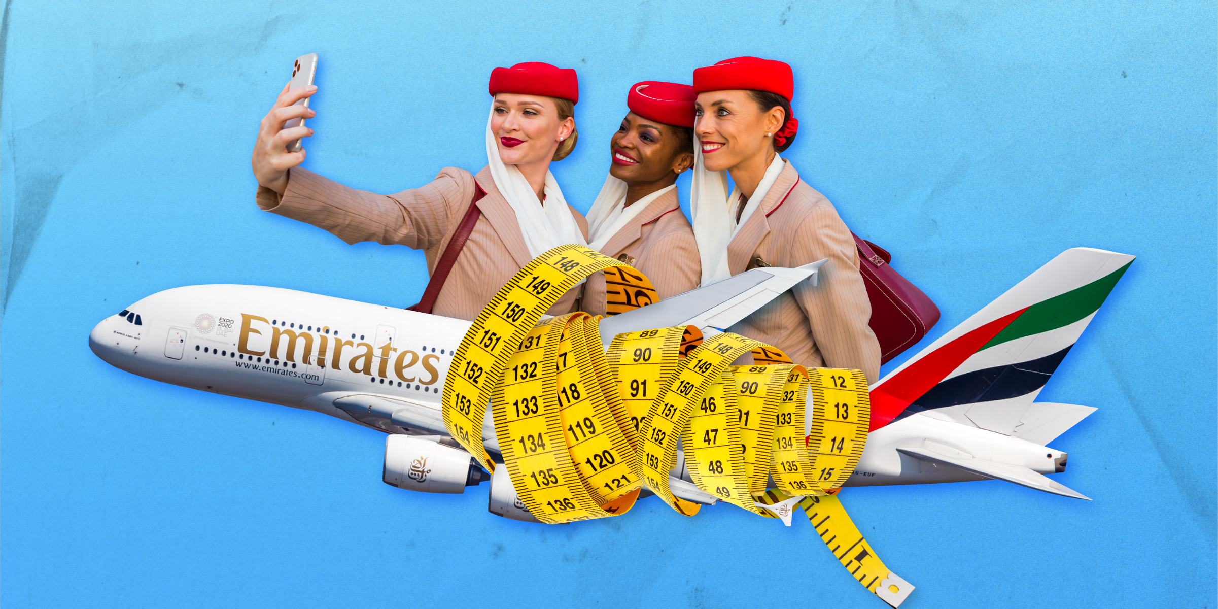 Tape measure wrapped around Emirates airplane with flight attendants taking a selfie 2x1