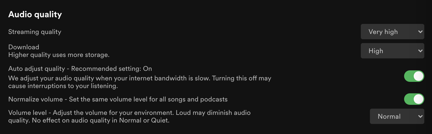 Screenshot showing Spotify's audio quality settings