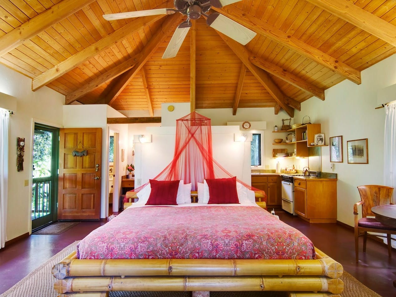 A bedroom inside a bungalow.