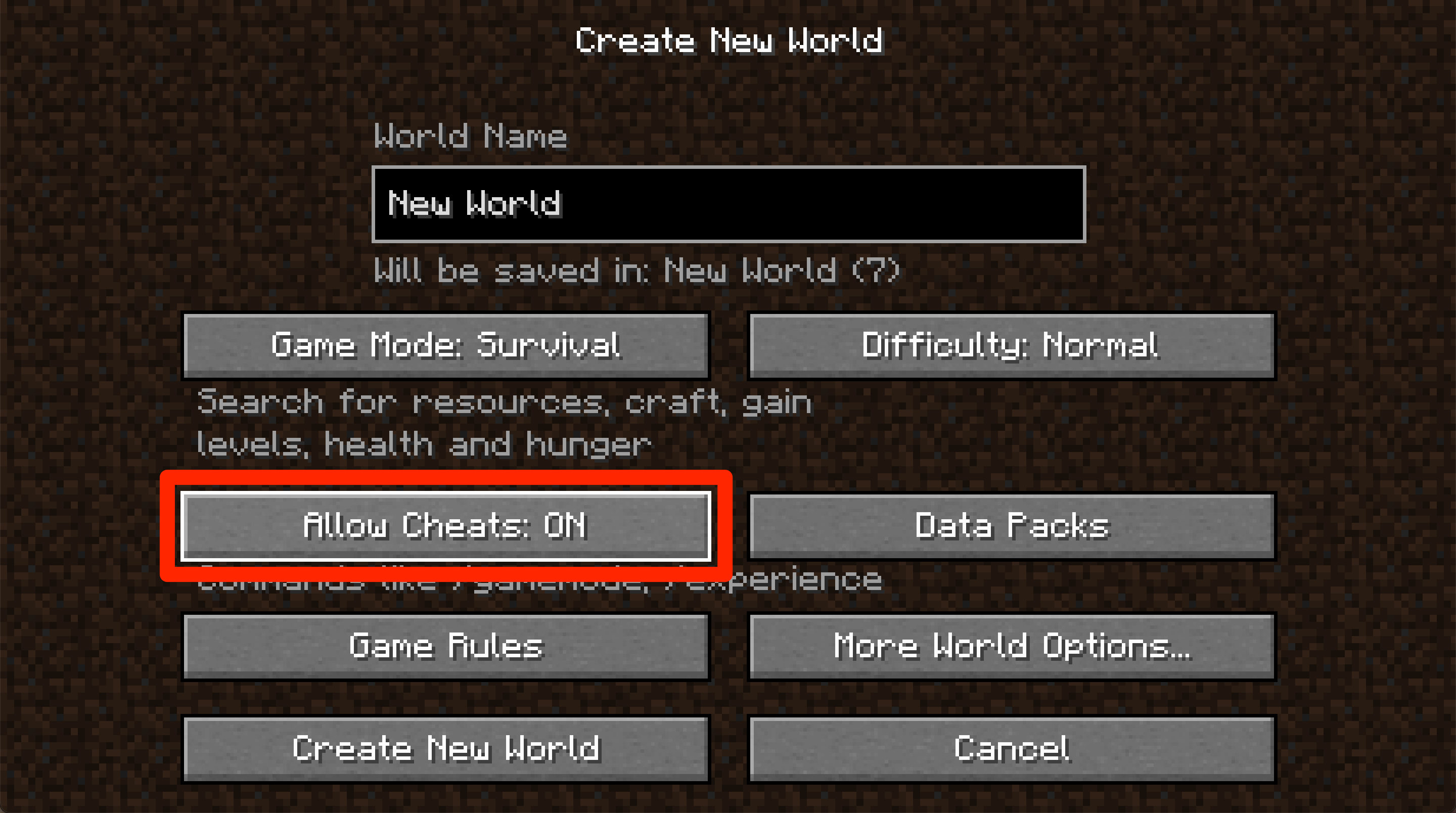 The Minecraft Java "Create New World" screen. The "Allow Cheats" option is highlighted.