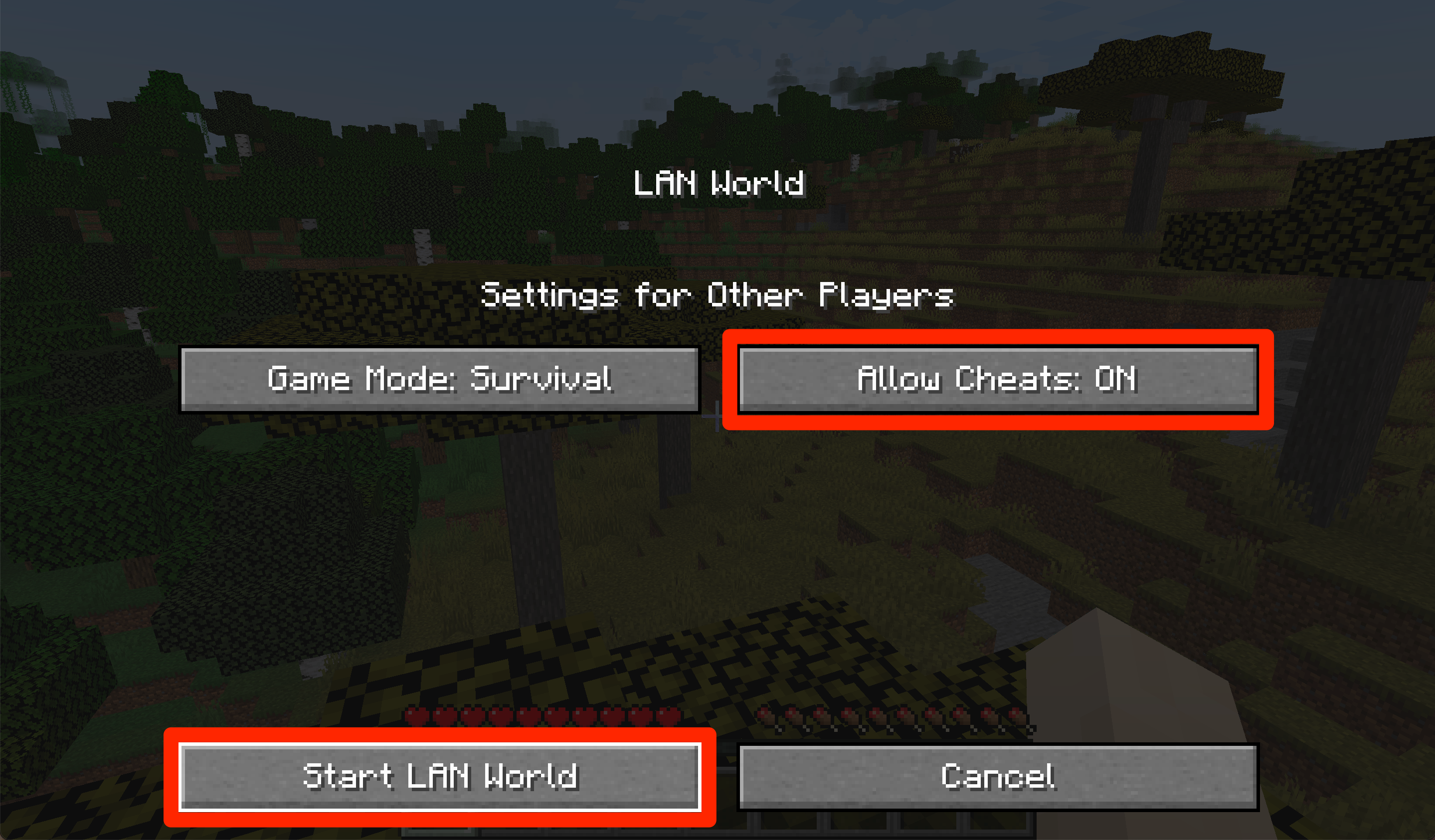 The "LAN World" menu in Minecraft Java.
