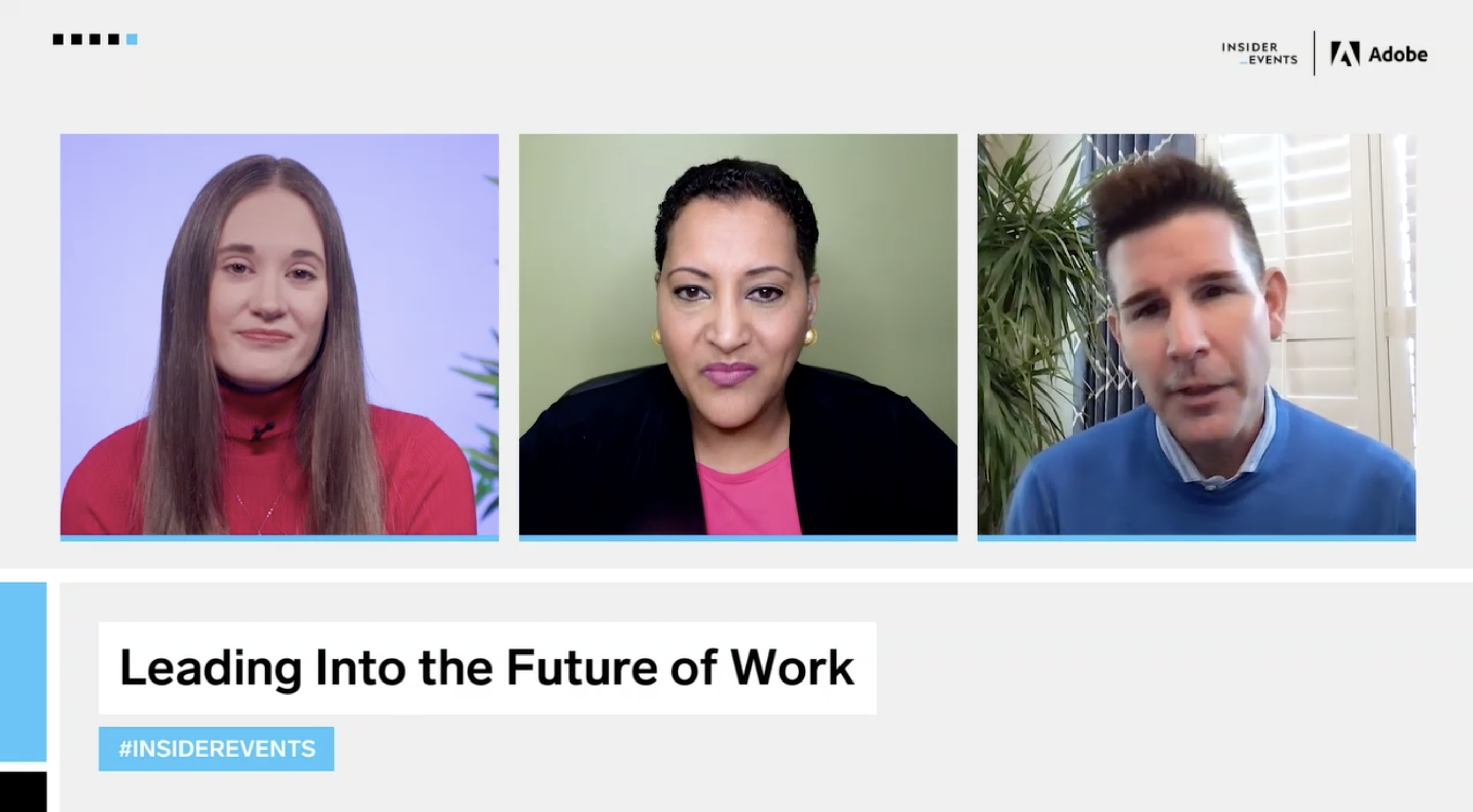 screenshot of leading into the future of work panel with squares of host Jennifer Ortakales Dawkins and panelists Tsedal Neeley and Todd Gerber