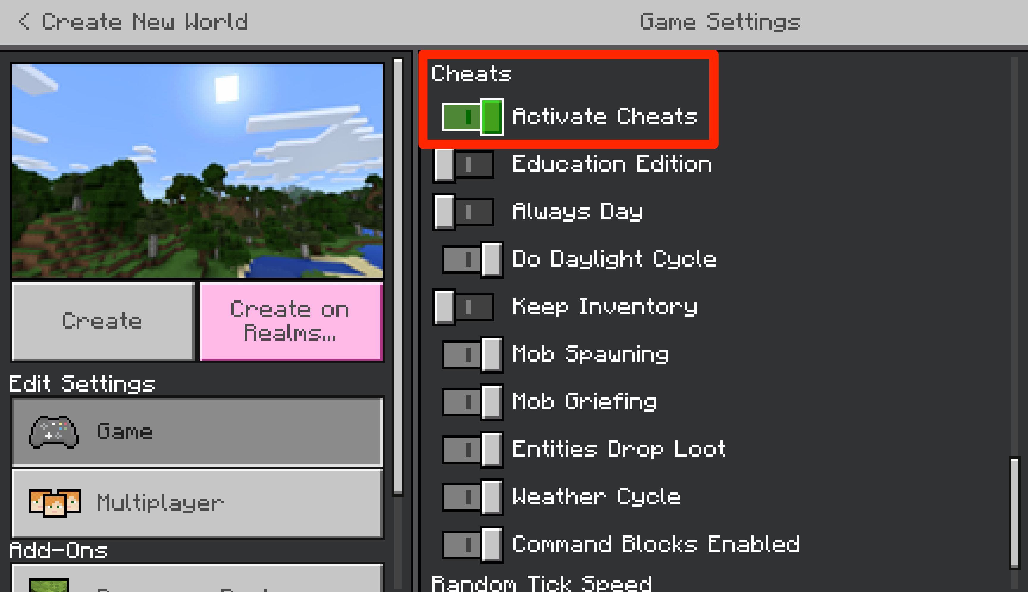 The "Create new world" screen in Minecraft Bedrock.