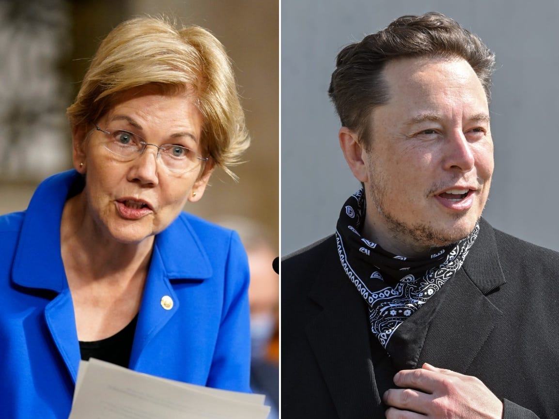 Sen. Elizabeth Warren (left) and Tesla CEO Elon Musk.