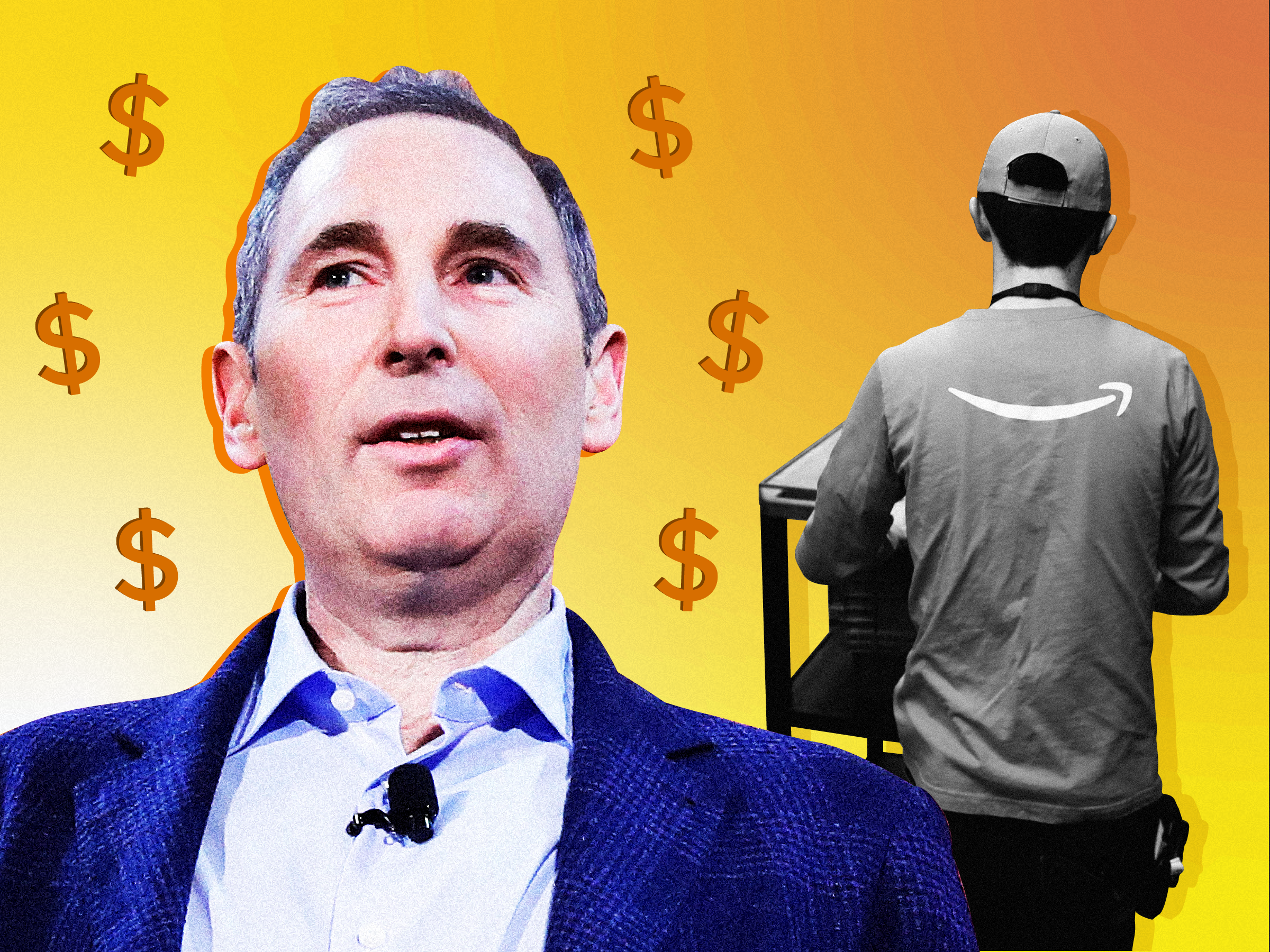 Amazon CEO Andy Jassy surrounded by dollar signs as an amazon employee walks away in the background