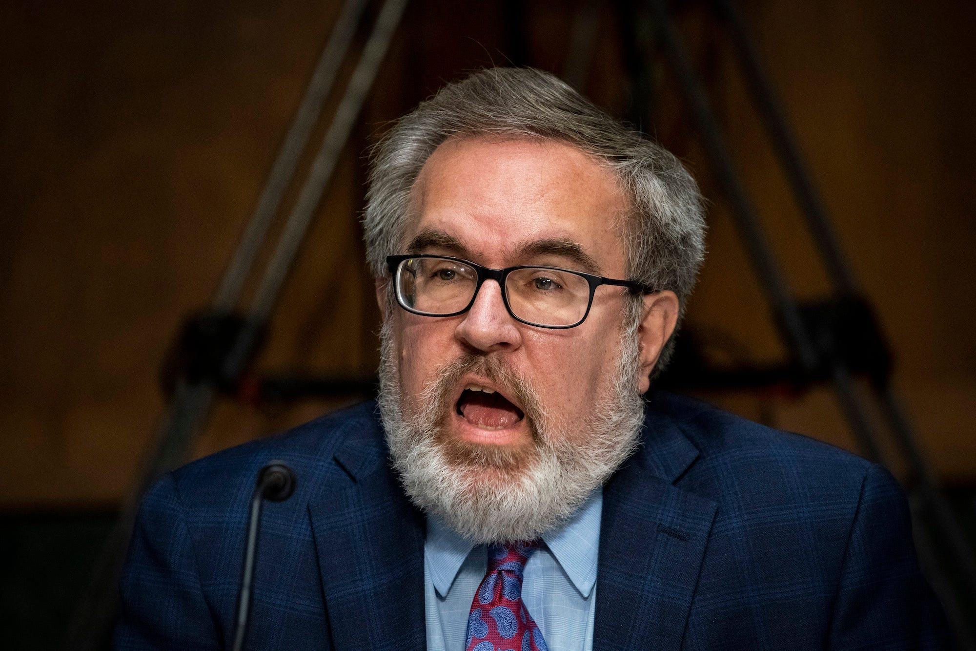 Environmental Protection Agency administrator Andrew Wheeler, caught mid-speech with his mouth wide open, addresses lawmakers during a hearing on Capitol Hill.