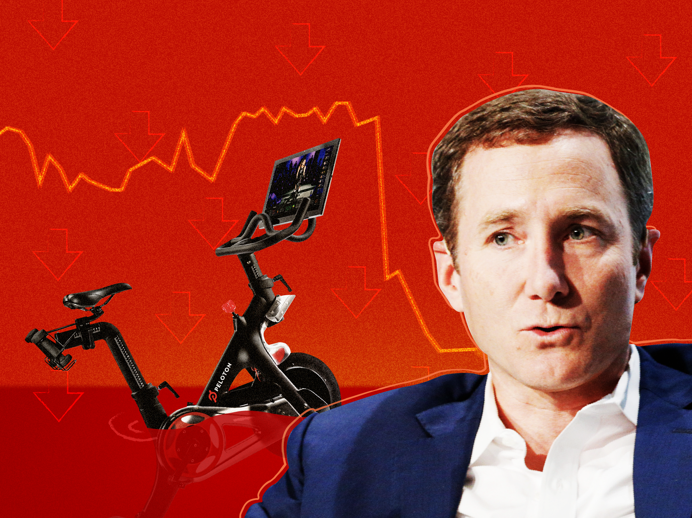 Peloton CEO John Foley next to a sinking peloton bike against red background with down arrows and the plummeting PTON stock graph