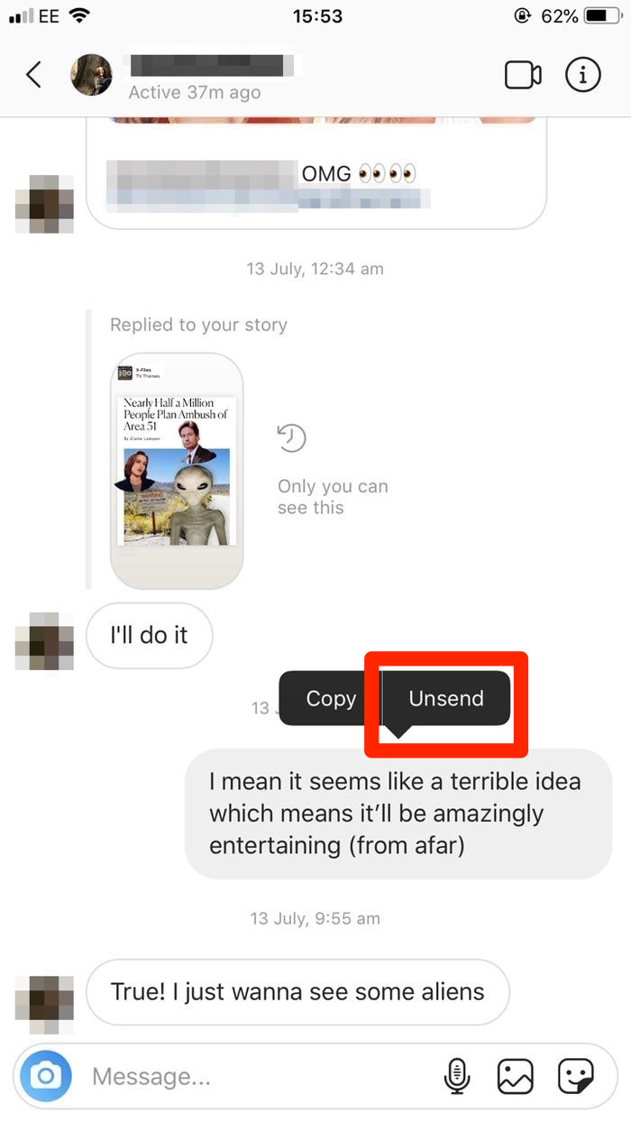 The "Unsend" option in the Instagram app's messages menu.