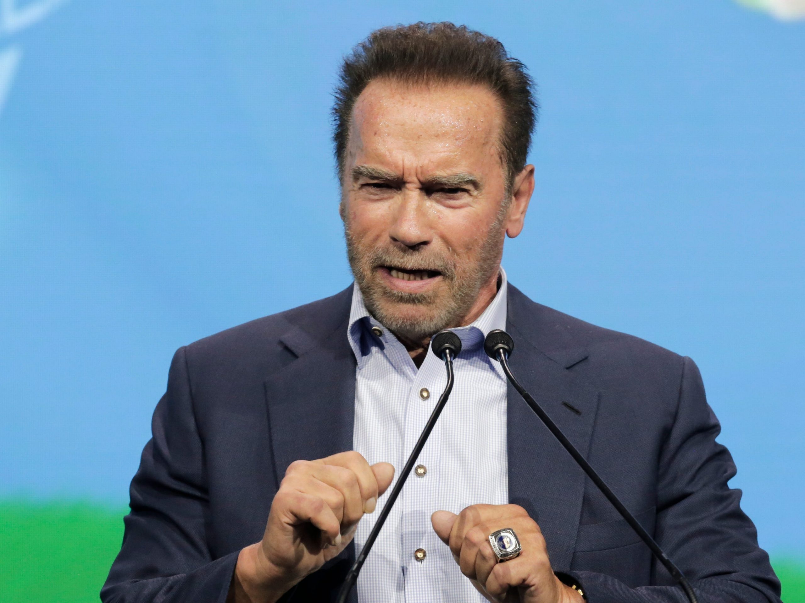 Arnold Schwarzenegger speaks at the Austrian World Summit in Vienna, Austria on July 1, 2021.