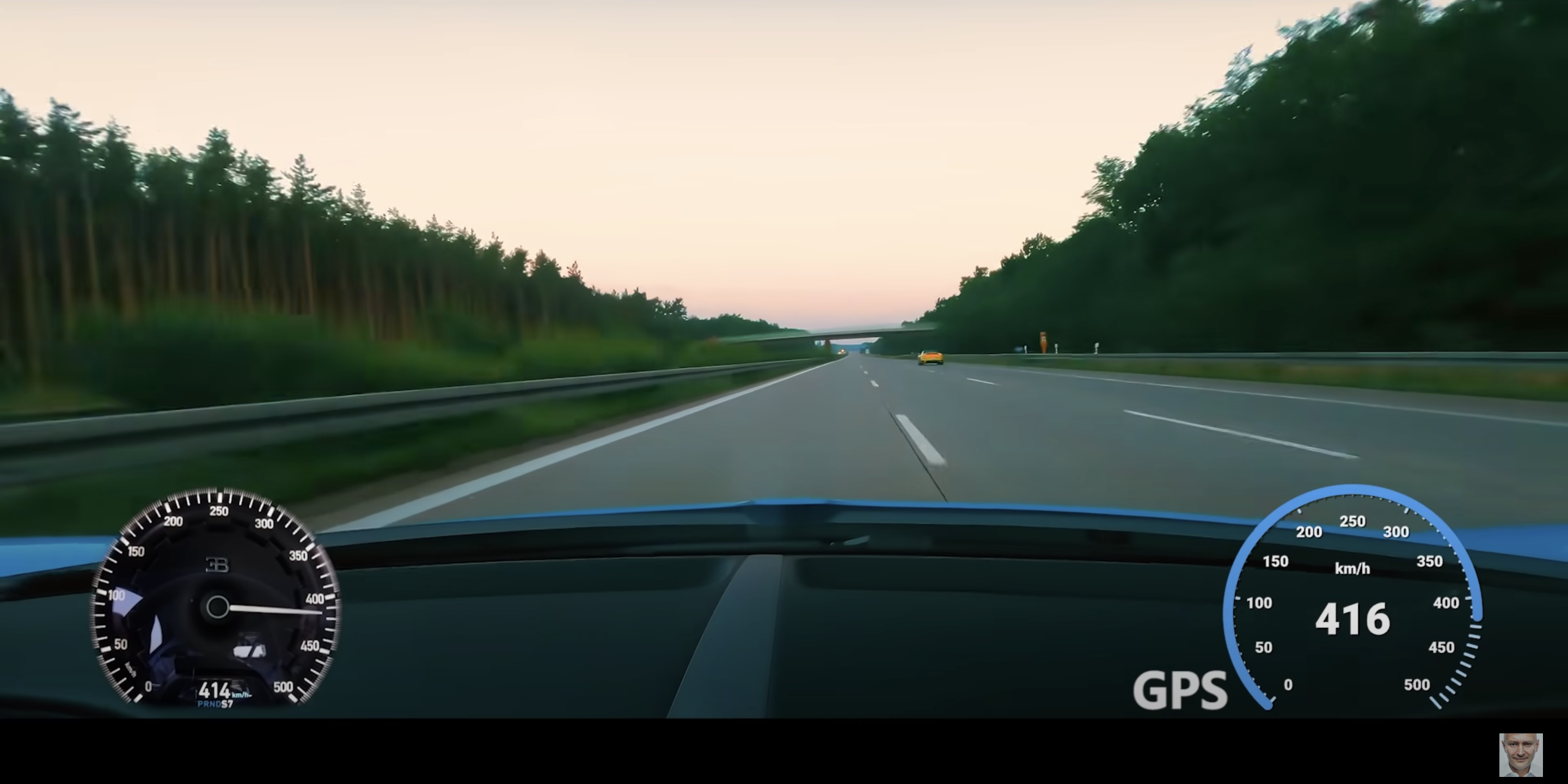 Screenshot from Radim Passer's video showing him driving at 416 kilometers per hour