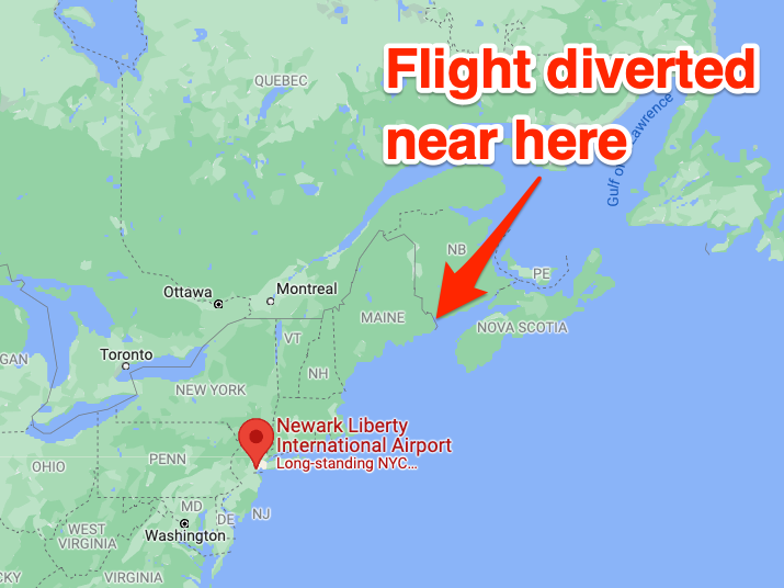 Map of where United Airlines Flight 90 was diverted.