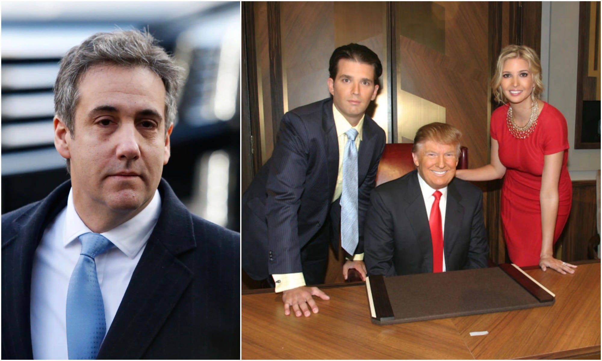 Michael Cohen (L), Donald Trump with his children Don Jr. and Ivanka (R).