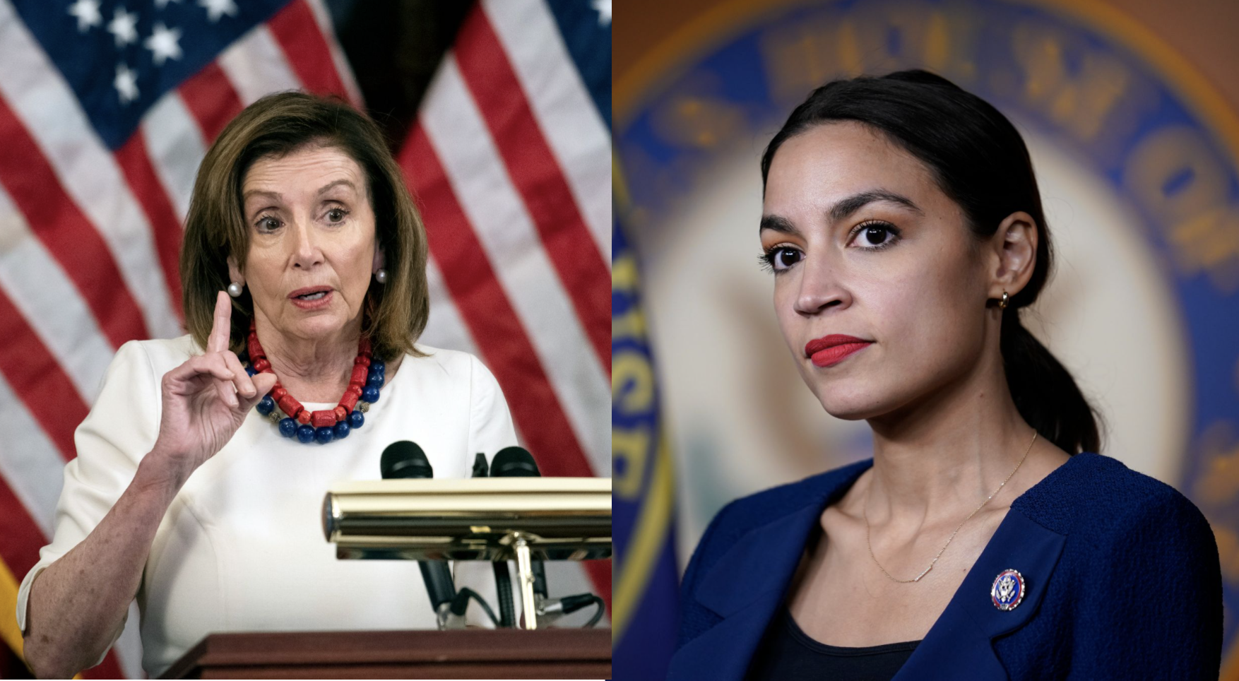 Left: Nancy Pelosi in all white and a red-and-blue beaded necklace; Right: Alexandria Ocasio-Cortez in all blue with red lipstick.