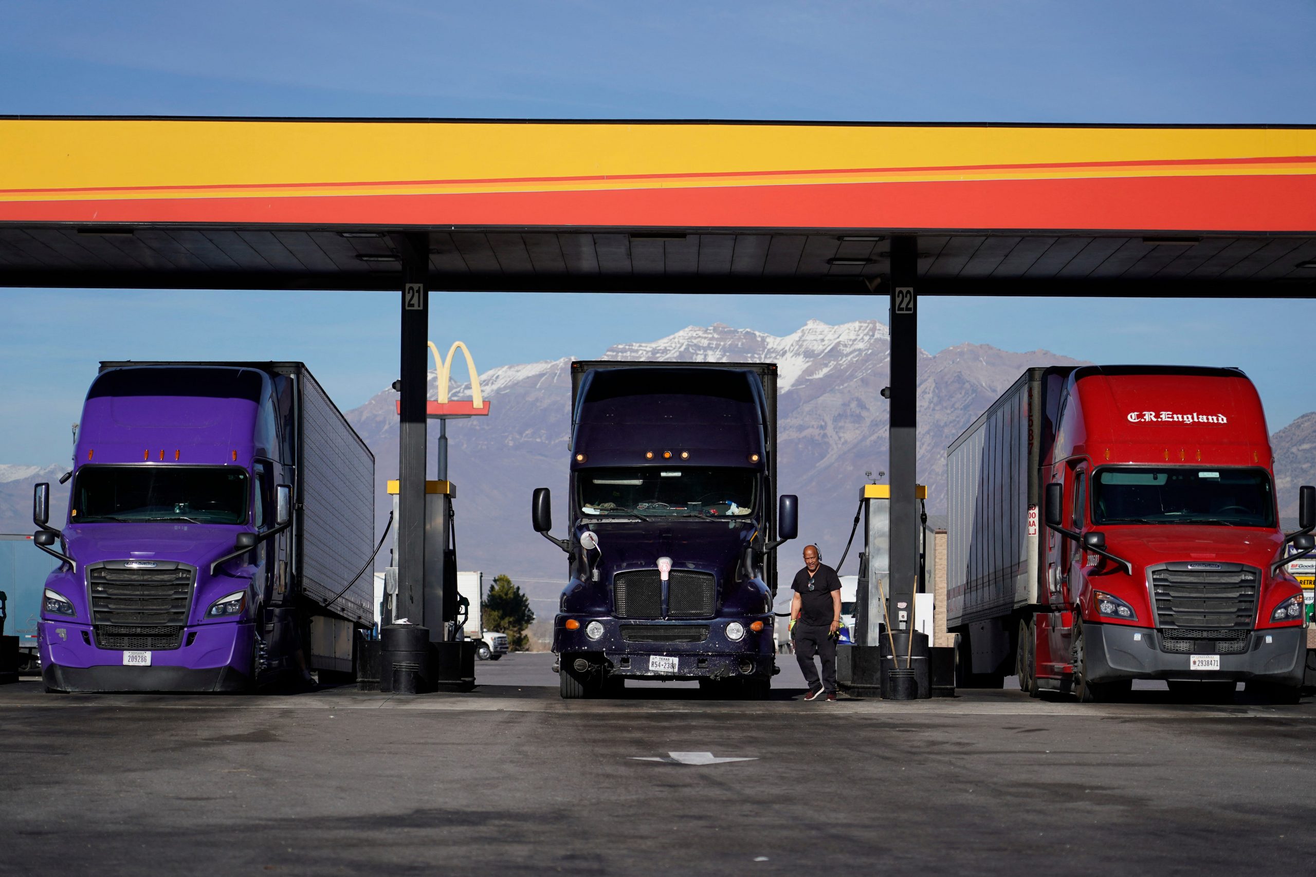 Trucks fuel up at the Love's Truck Stop in Springville, Utah, on December 1, 2021.
