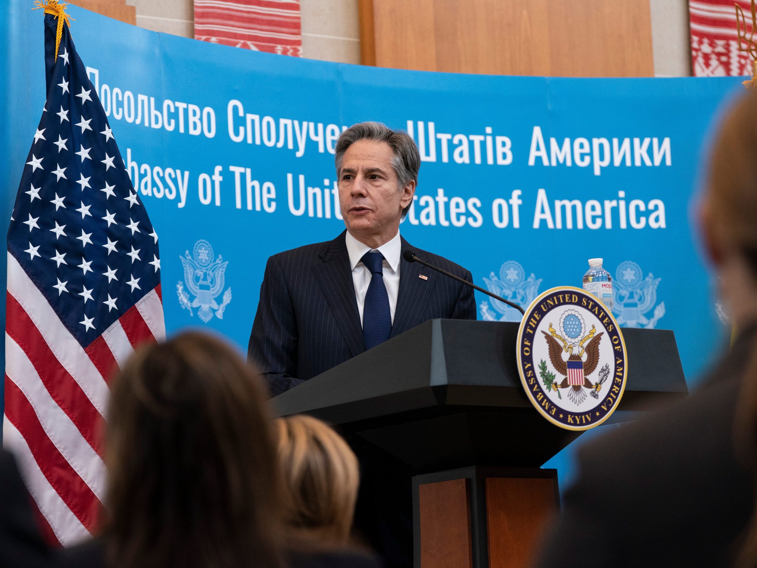 United States Secretary of State Antony Blinken speaks as he greets embassy staff at the U.S. embassy, in Kyiv, Ukraine, Wednesday, Jan. 19, 2022.