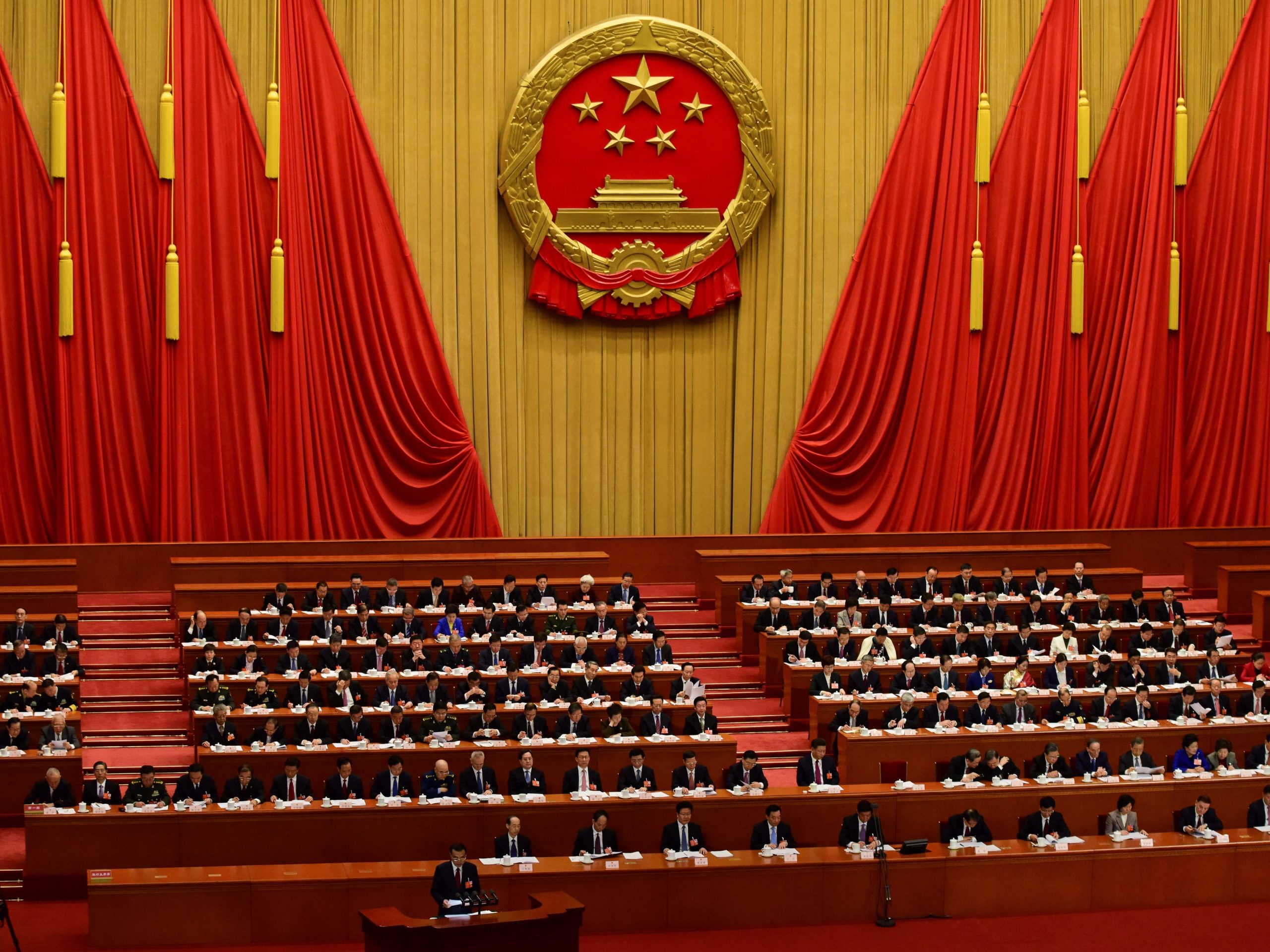 An image of the National People's Congress, China's legislature, in Beijing's Great Hall of the People .