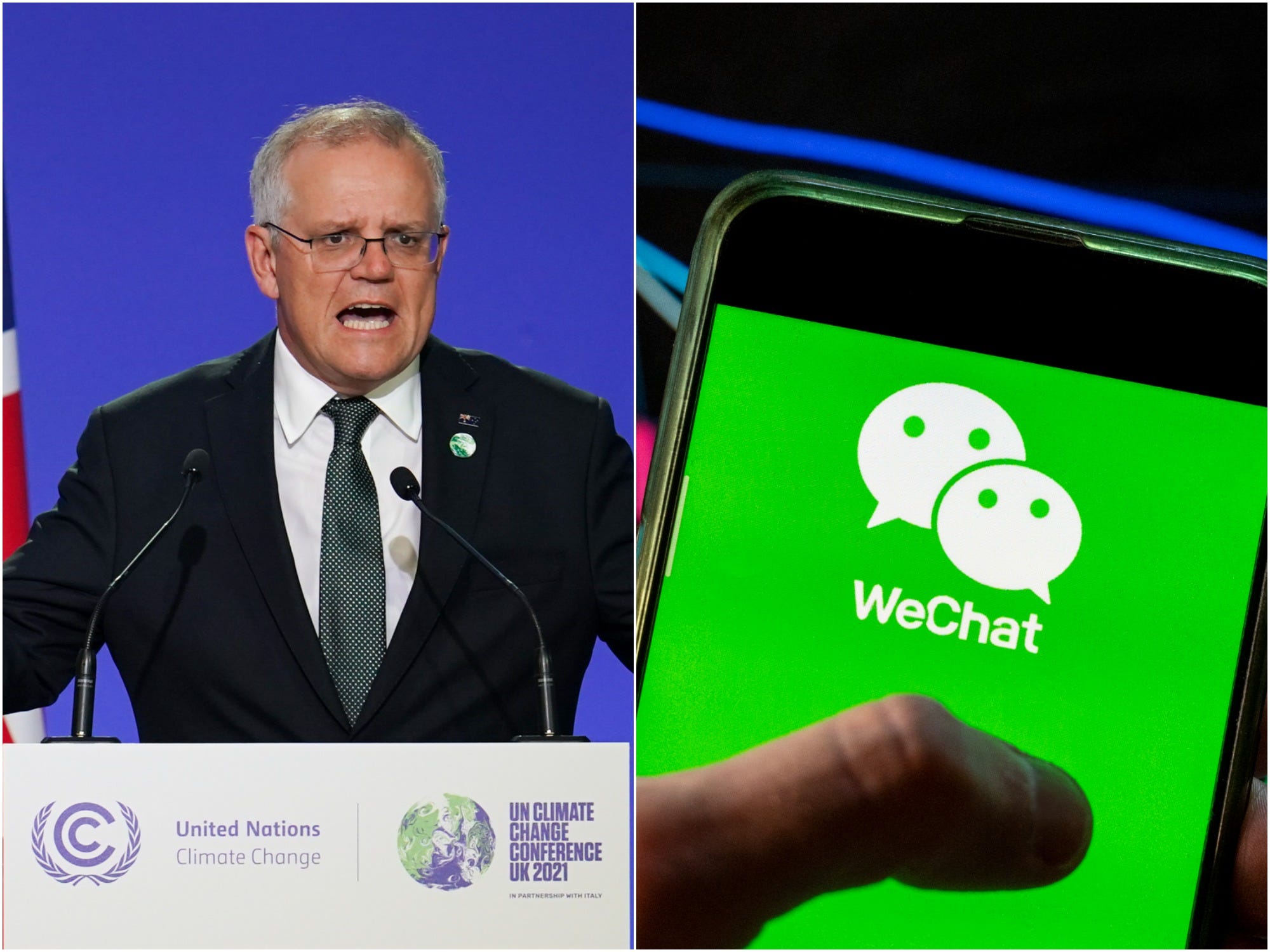 Australia's PM Scott Morrison next to a picture of the WeChat app on a phone