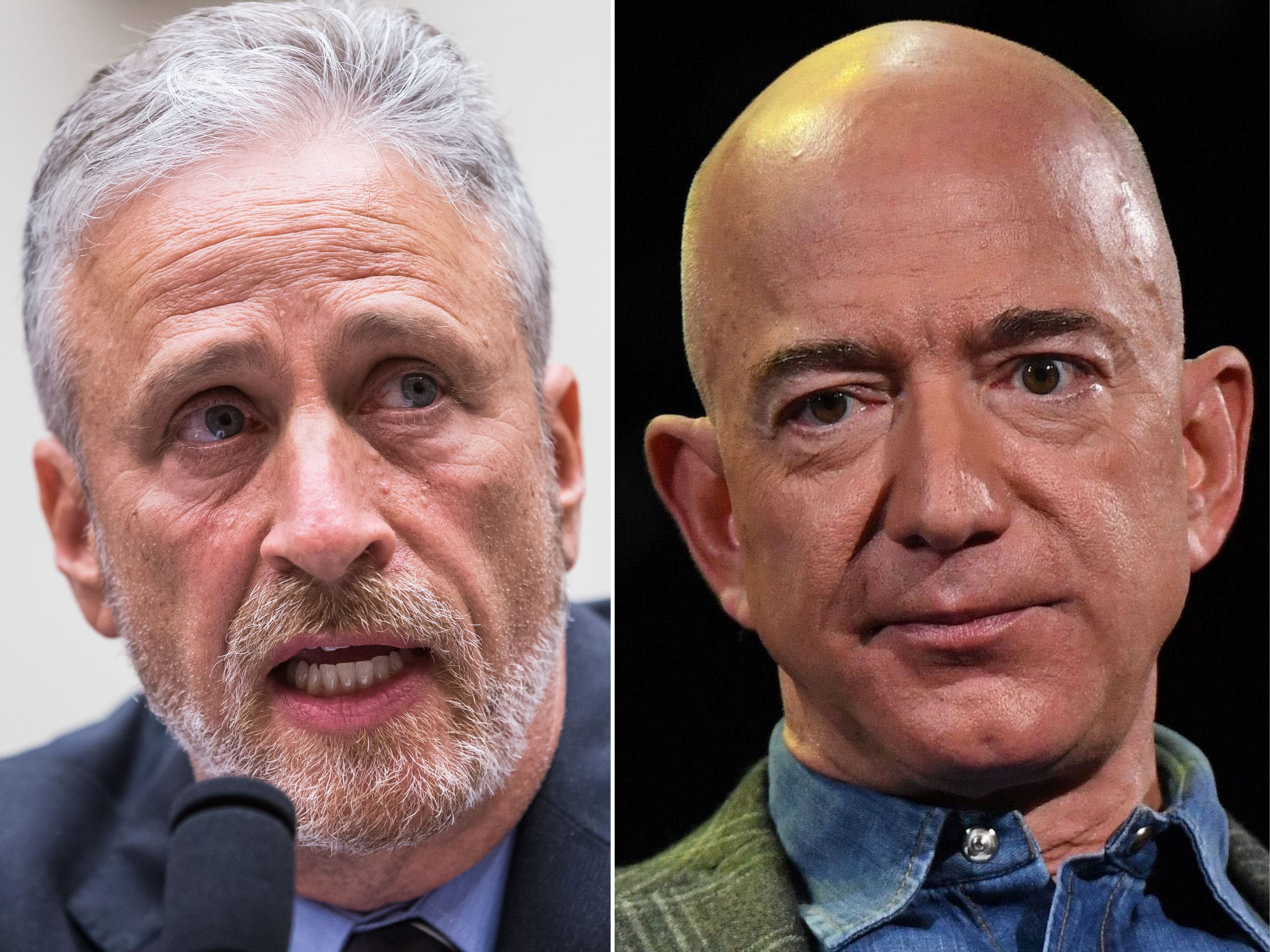 Comedian Jon Stewart at a microphone, left, and Amazon founder Jeff Bezos, right