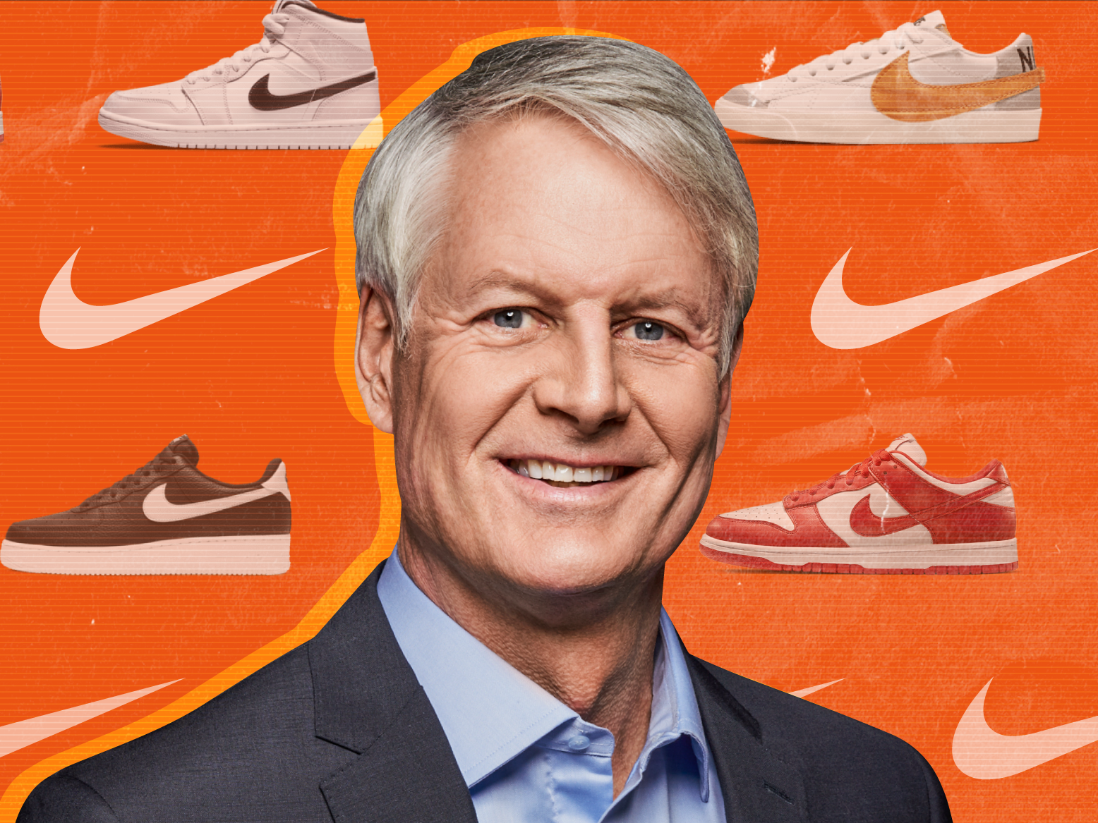 Nike CEO John Donahoe in front of pattern of Nike sneakers and logo 2x1