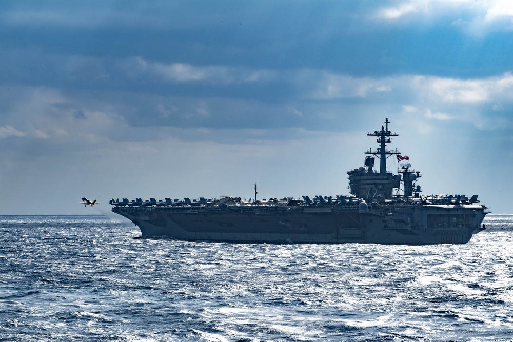 An F-35C Lightning II, assigned to the “Black Knights” of Marine Fighter Attack Squadron (VMFA) 314, launches from the flight deck of Nimitz-class aircraft carrier USS Abraham Lincoln (CVN 72), Jan. 22, 2022