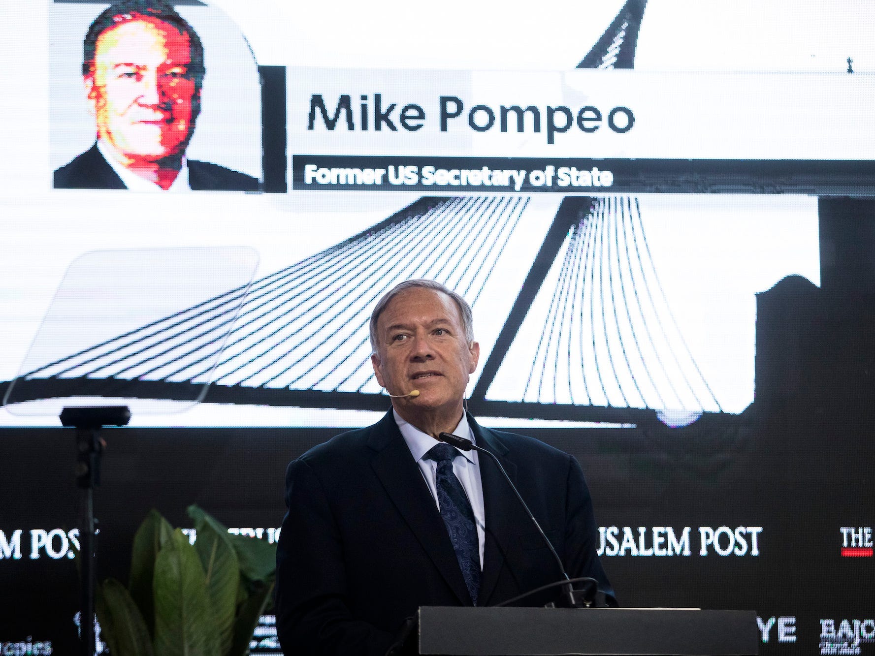 Former US Secretary of State Mike Pompeo speaks at Jerusalem Post's annual conference on October 12, 2021 in Jerusalem, Israel.