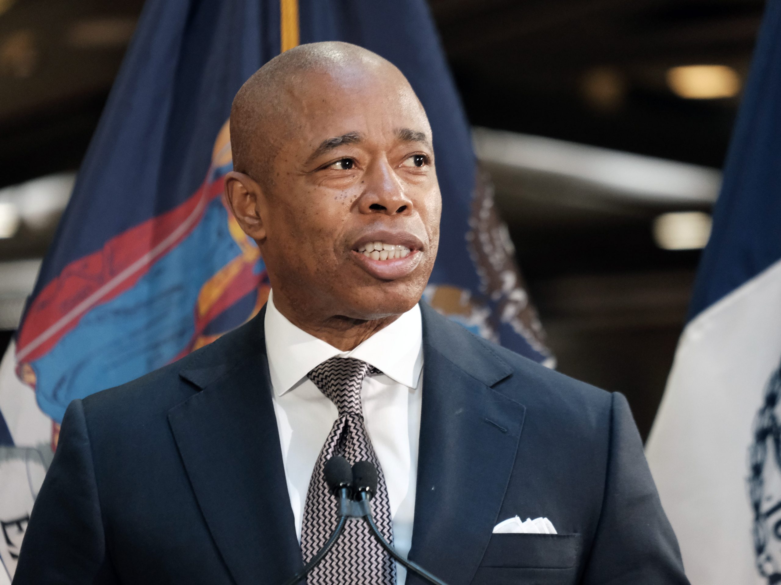 New York Mayor Eric Adams during a news conference at a Manhattan subway station where the two politicians announced a new plan to fight homelessness in New York on January 06, 2022 in New York City.