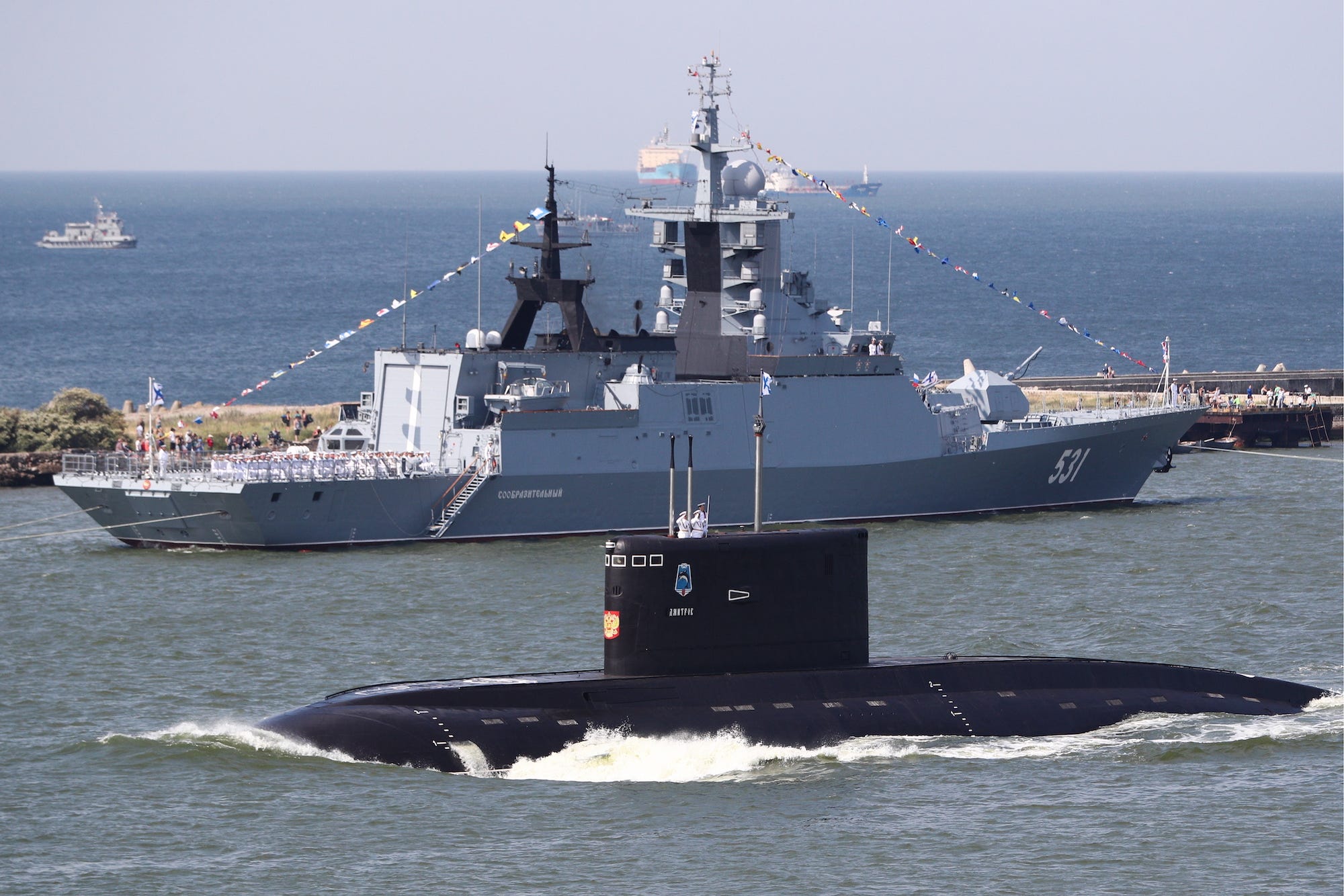Russian navy submarine and corvette in Kaliningrad
