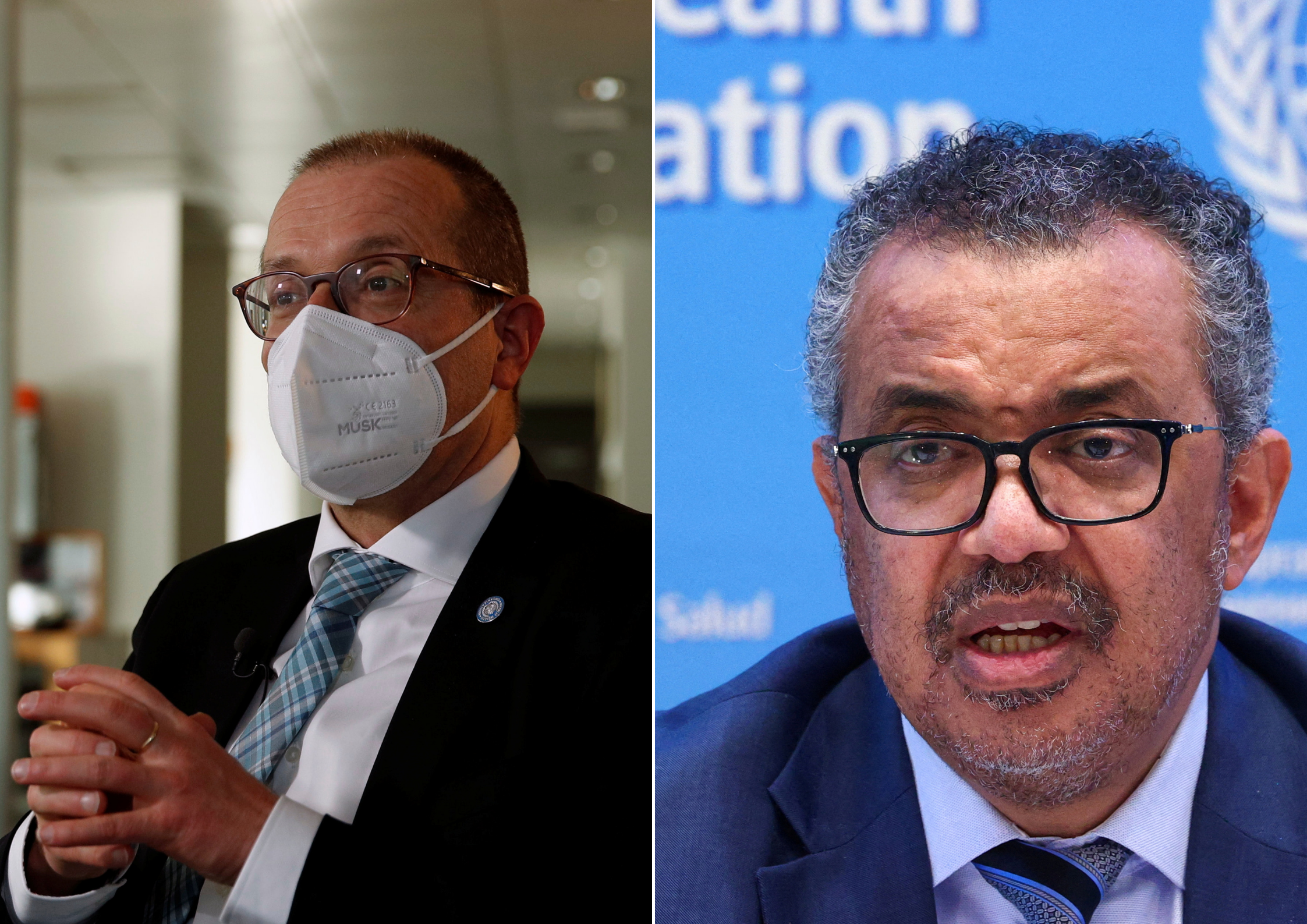 WHO Europe director Hans Kluge sits in an interview and WHO Director General Tedros Adhanom Ghebreyesus speaks at a conference