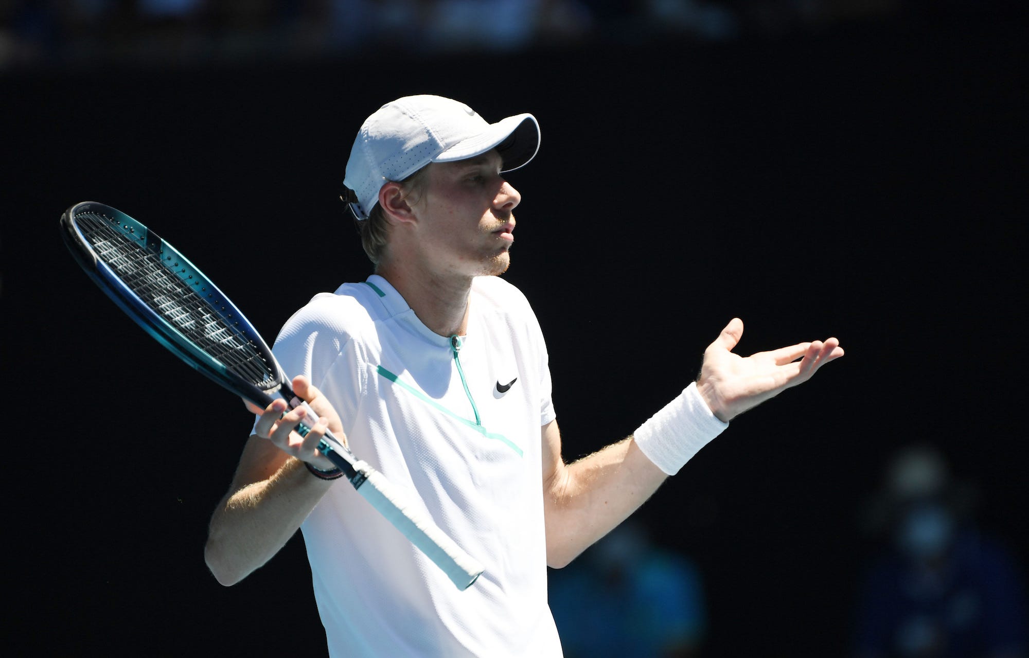 Denis Shapovalov of Canada in action against Rafael Nadal (not seen) of Spain in their menâs single match during the 2022 Australian Open at Melbourne Park in Melbourne